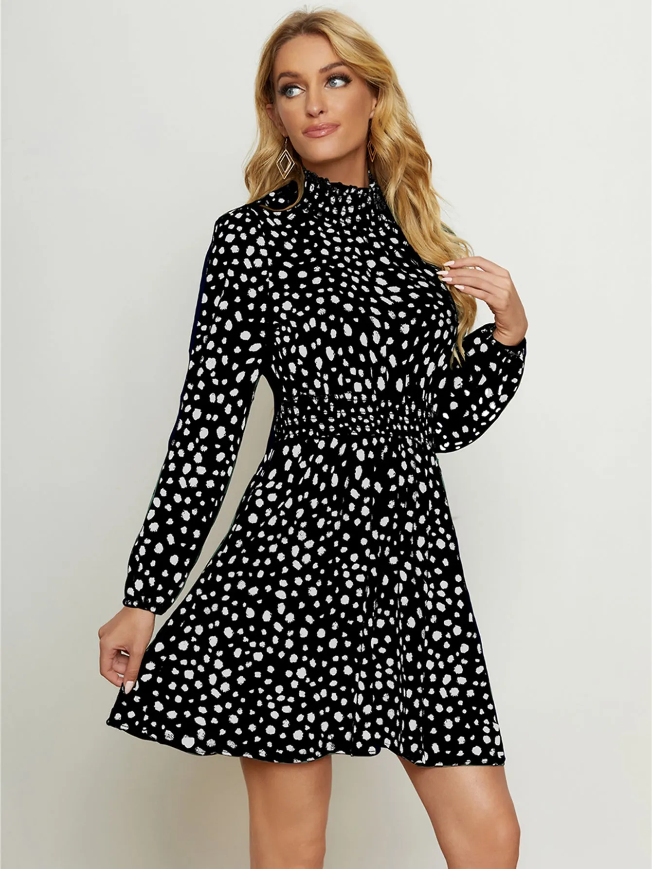 KittenAlarm - High Neck Elastic Waist Dot Print Long Sleeve Dress