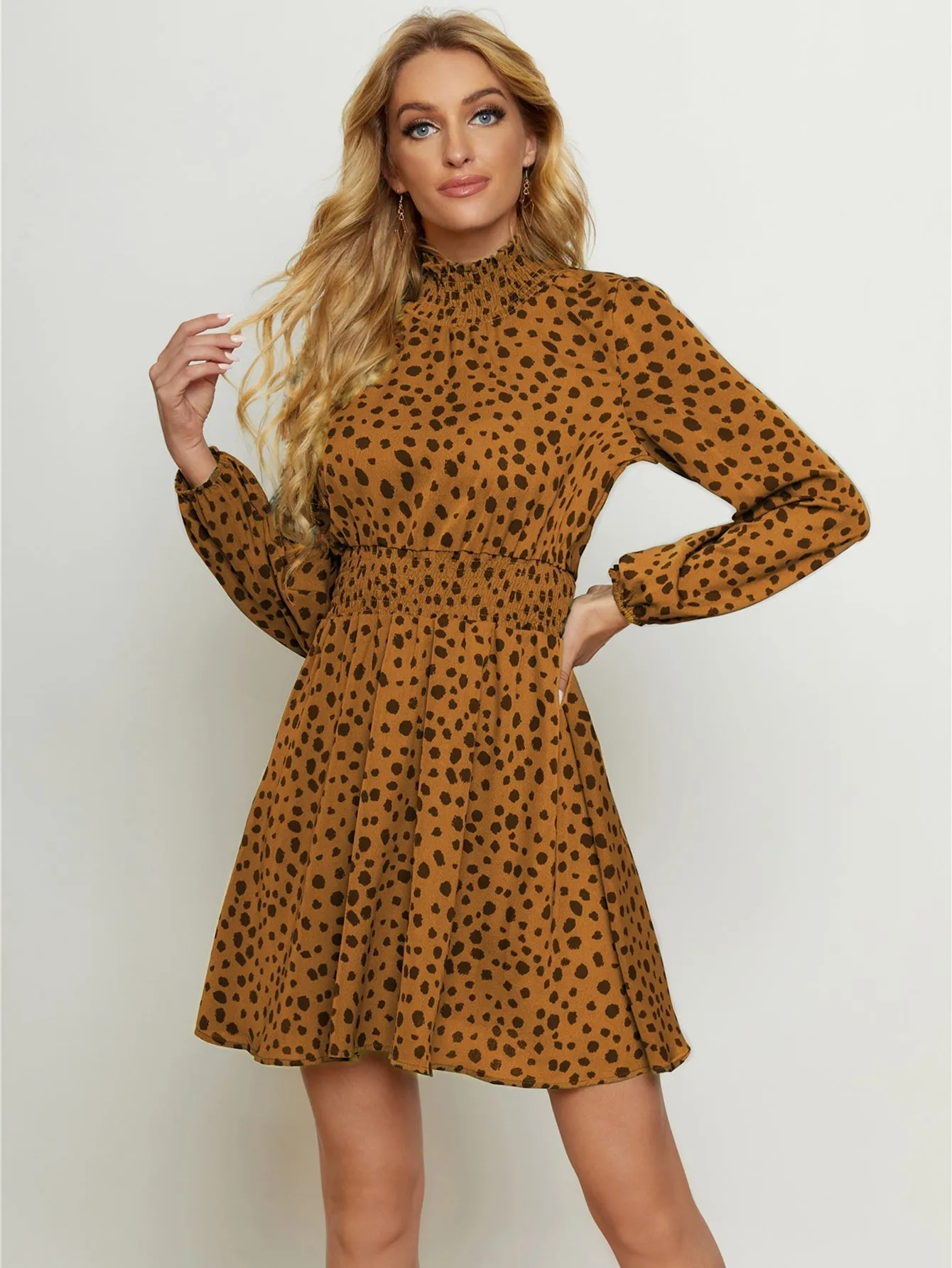 KittenAlarm - High Neck Elastic Waist Dot Print Long Sleeve Dress