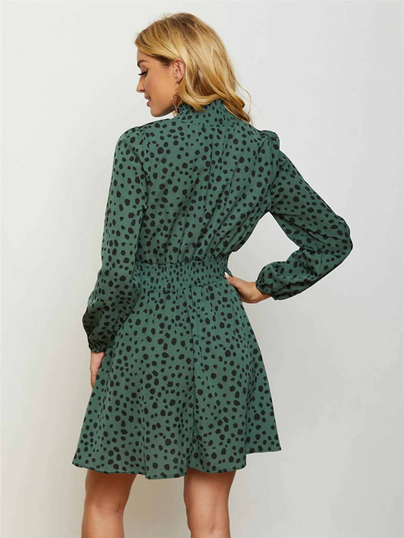 KittenAlarm - High Neck Elastic Waist Dot Print Long Sleeve Dress