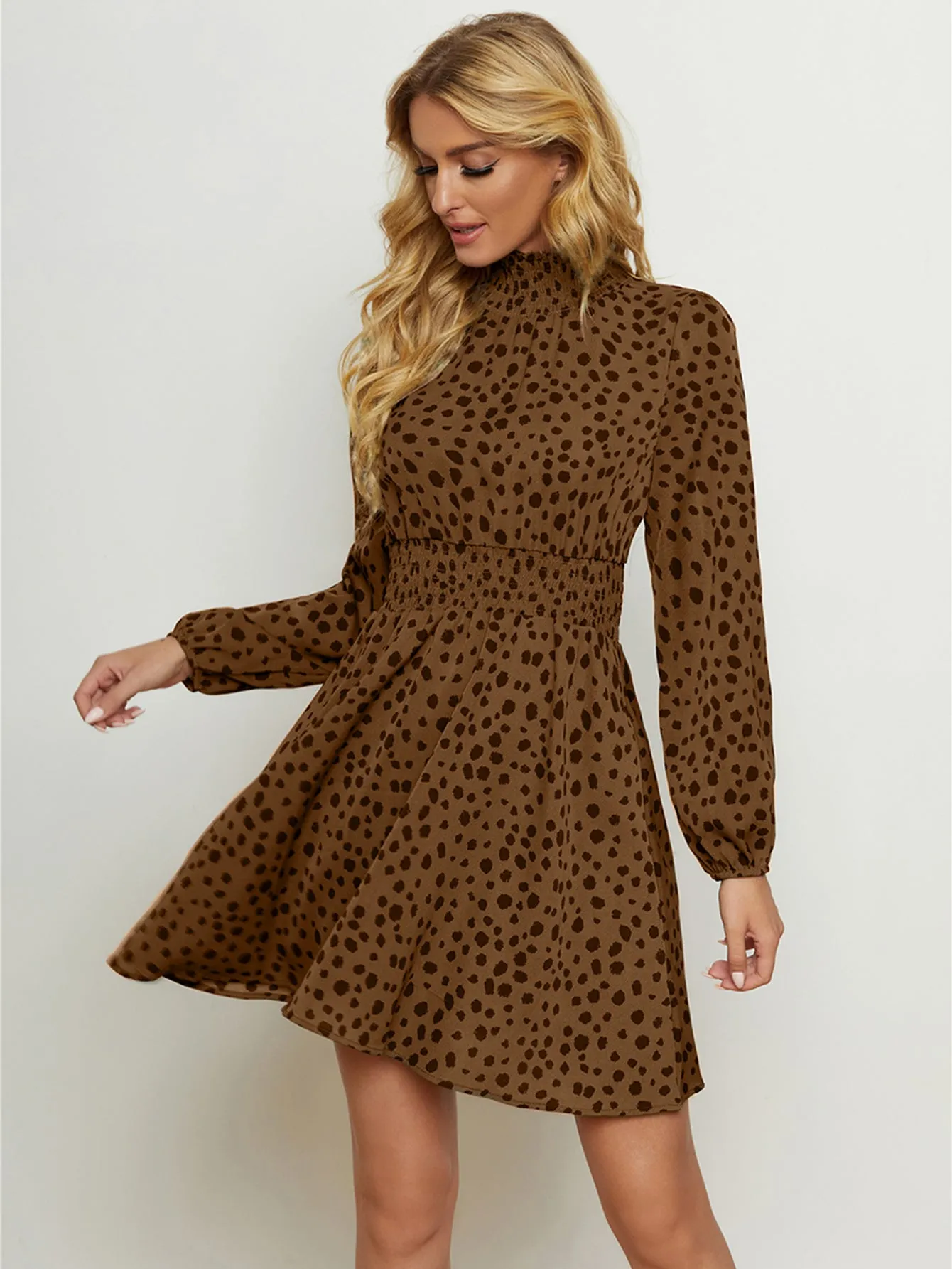 KittenAlarm - High Neck Elastic Waist Dot Print Long Sleeve Dress