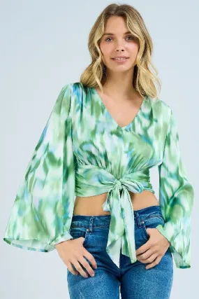 L Love Waist Bowtie Crop Flare Sleeve Top - Green