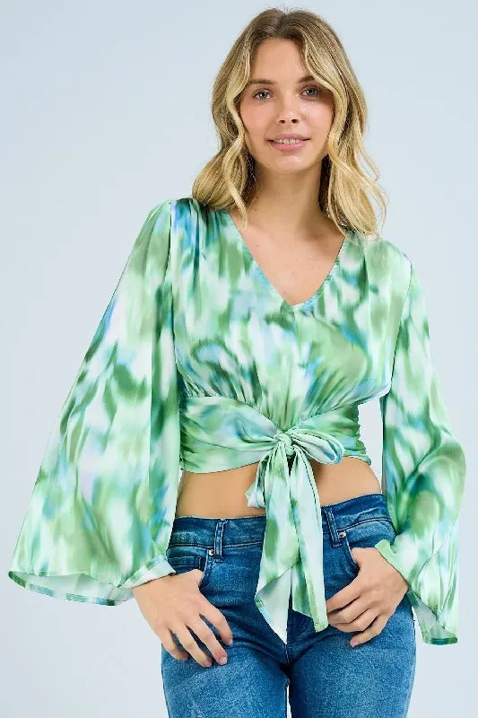 L Love Waist Bowtie Crop Flare Sleeve Top - Green