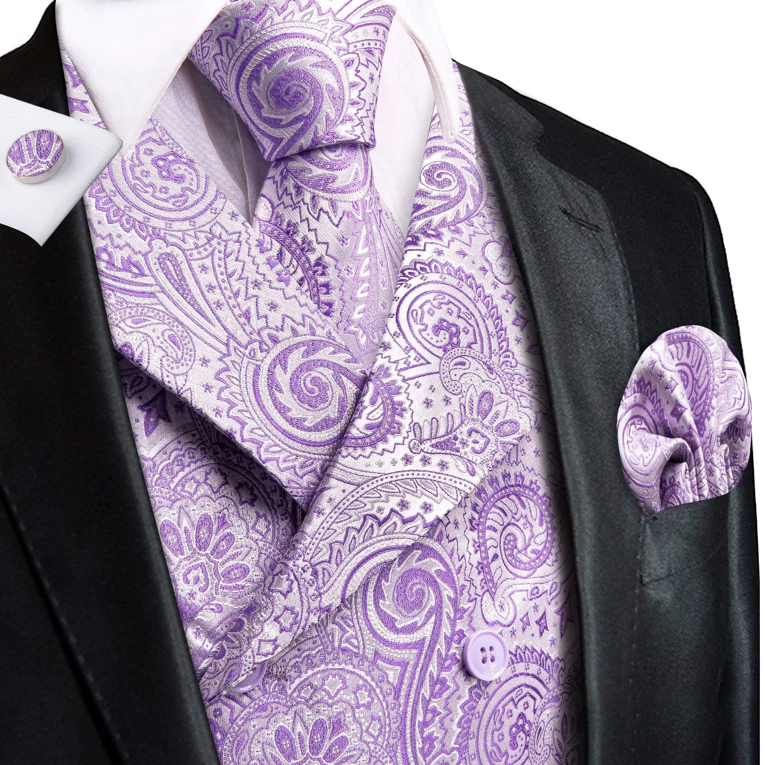 Lilac Purple Paisley Men's Collar Vest Hanky Cufflinks Tie Set