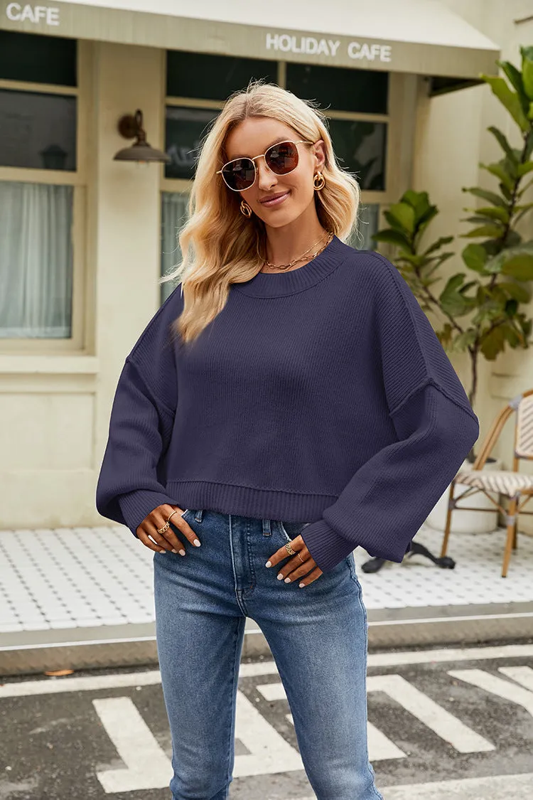 Loose Cropped Pullover Fashion Long Sleeve Round Neck Sweater