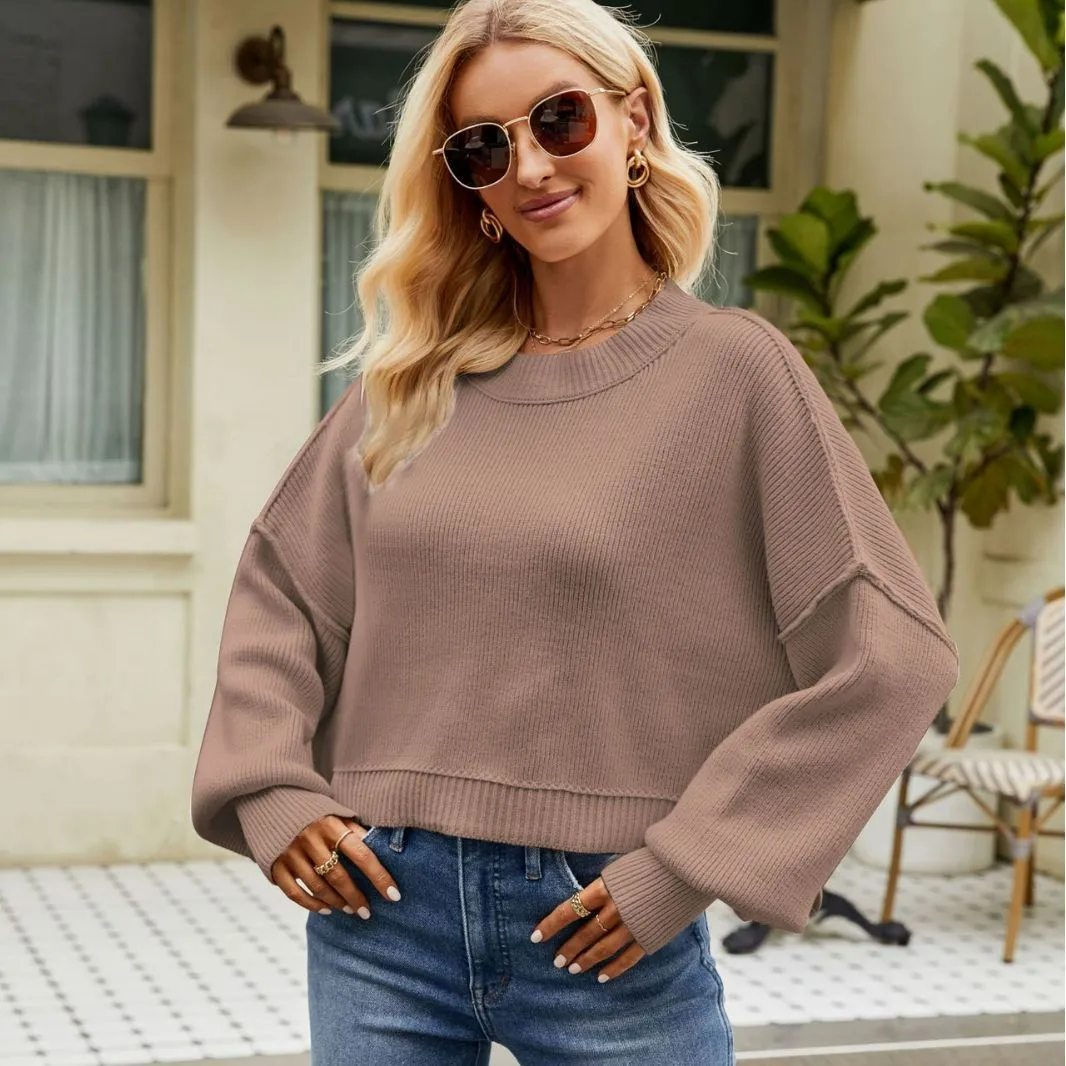 Loose Cropped Pullover Fashion Long Sleeve Round Neck Sweater