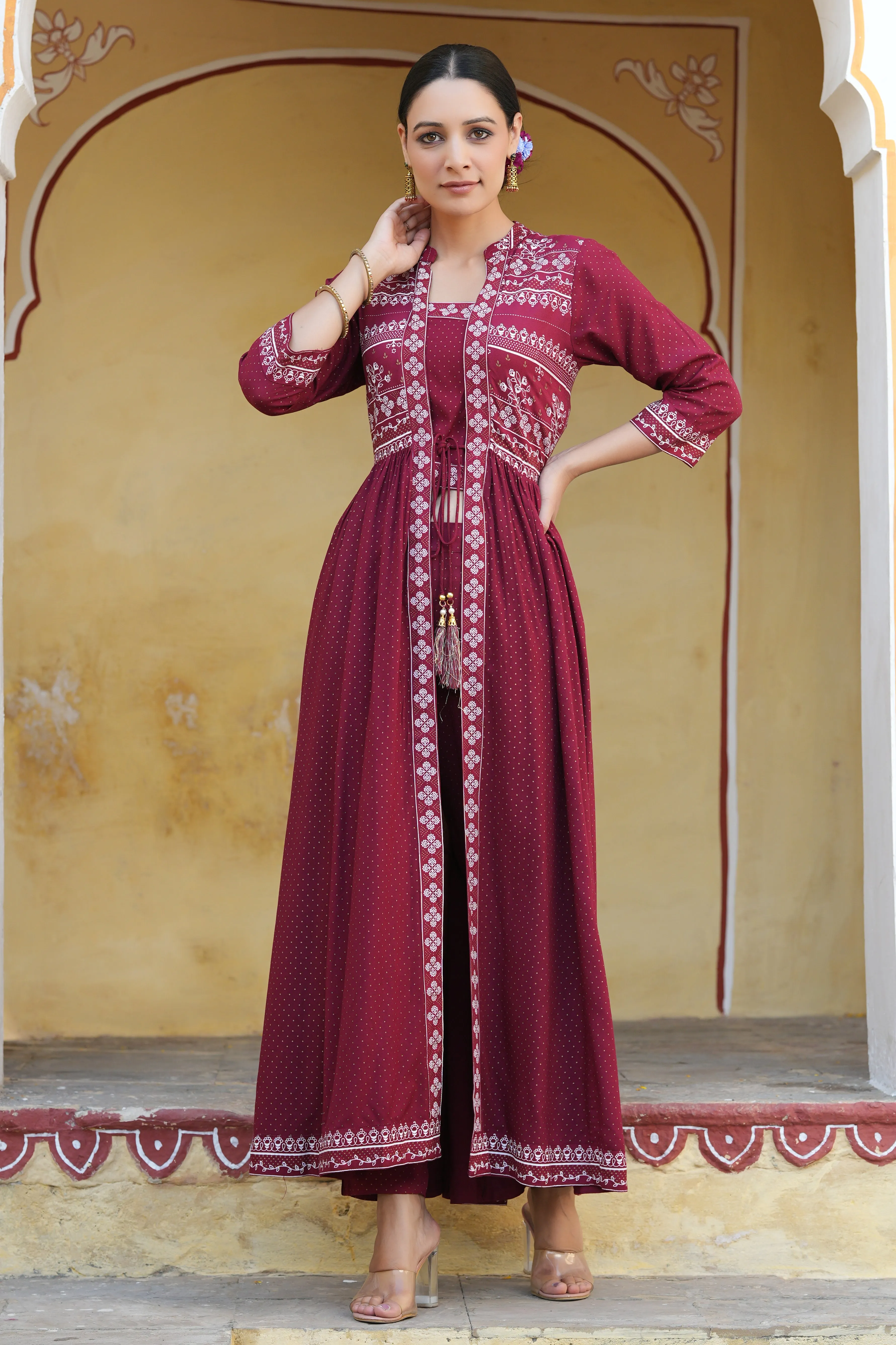 Maroon Rayon Printed Jacket Style Kurta & Pants Set