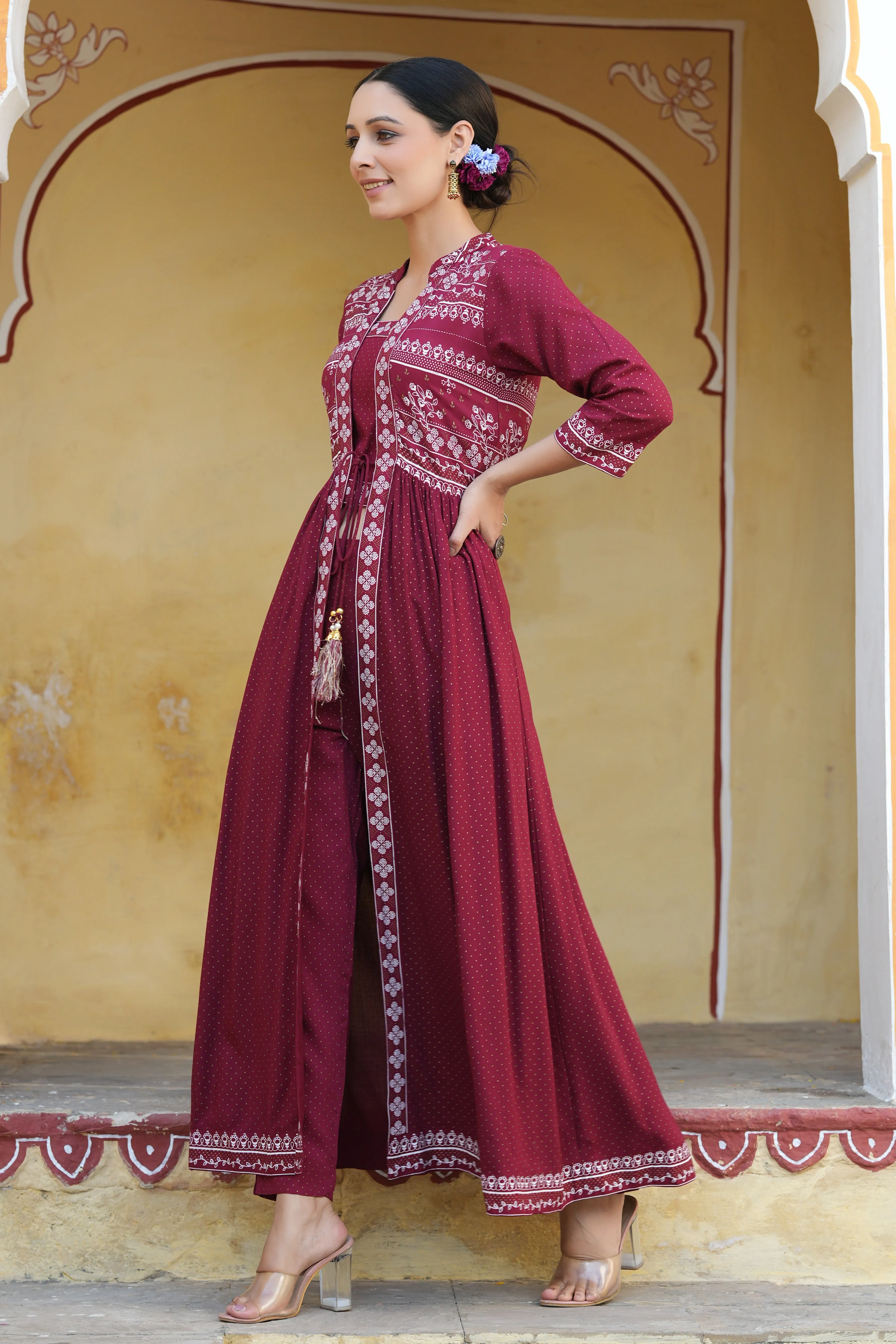 Maroon Rayon Printed Jacket Style Kurta & Pants Set