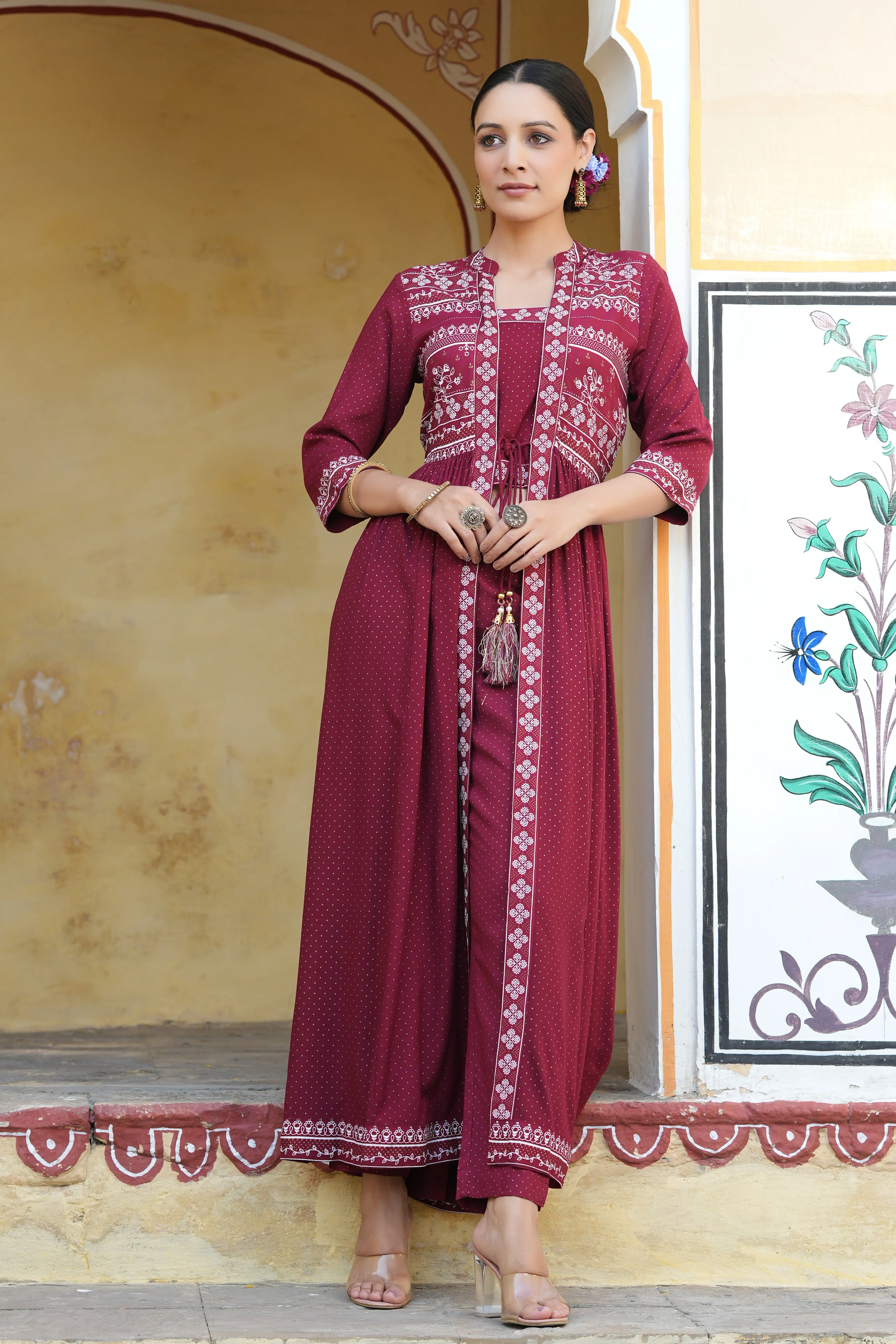 Maroon Rayon Printed Jacket Style Kurta & Pants Set