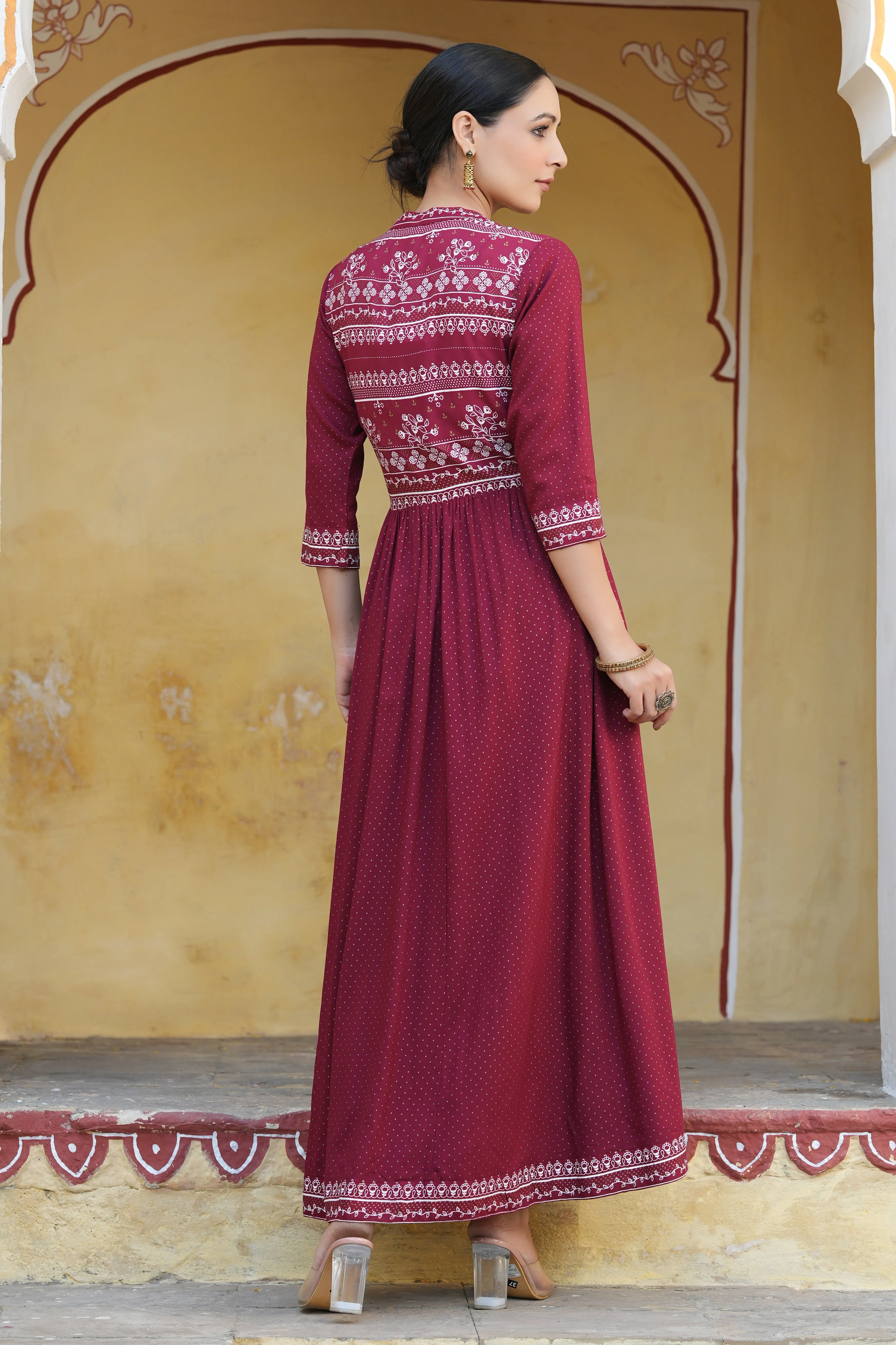 Maroon Rayon Printed Jacket Style Kurta & Pants Set