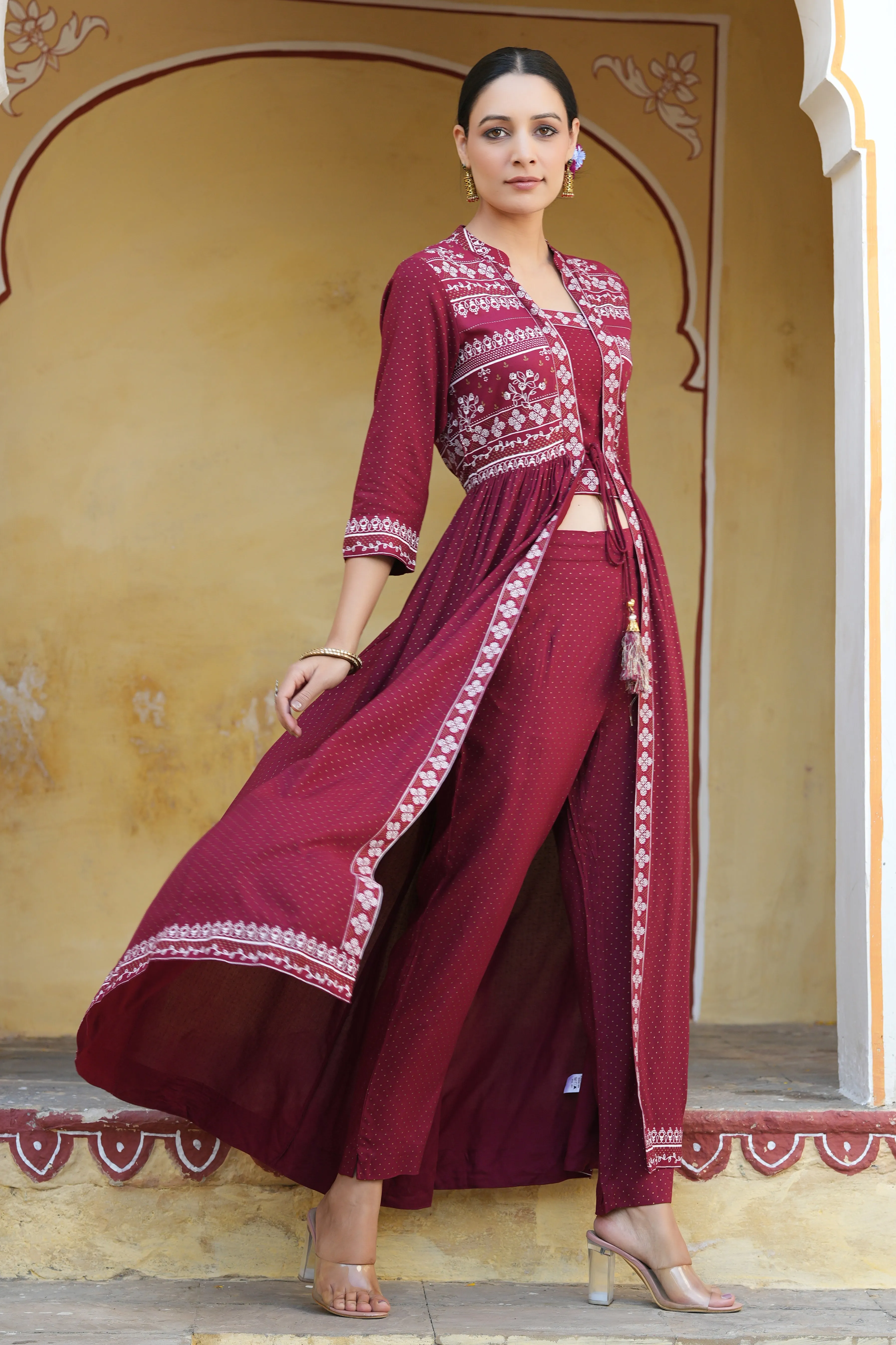 Maroon Rayon Printed Jacket Style Kurta & Pants Set