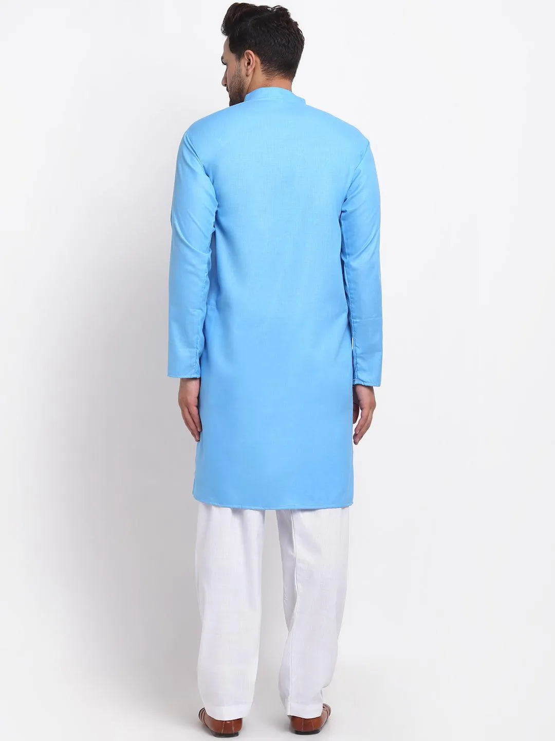 Men's Aqua Blue Solid Kurta With White Salwar - Benstoke