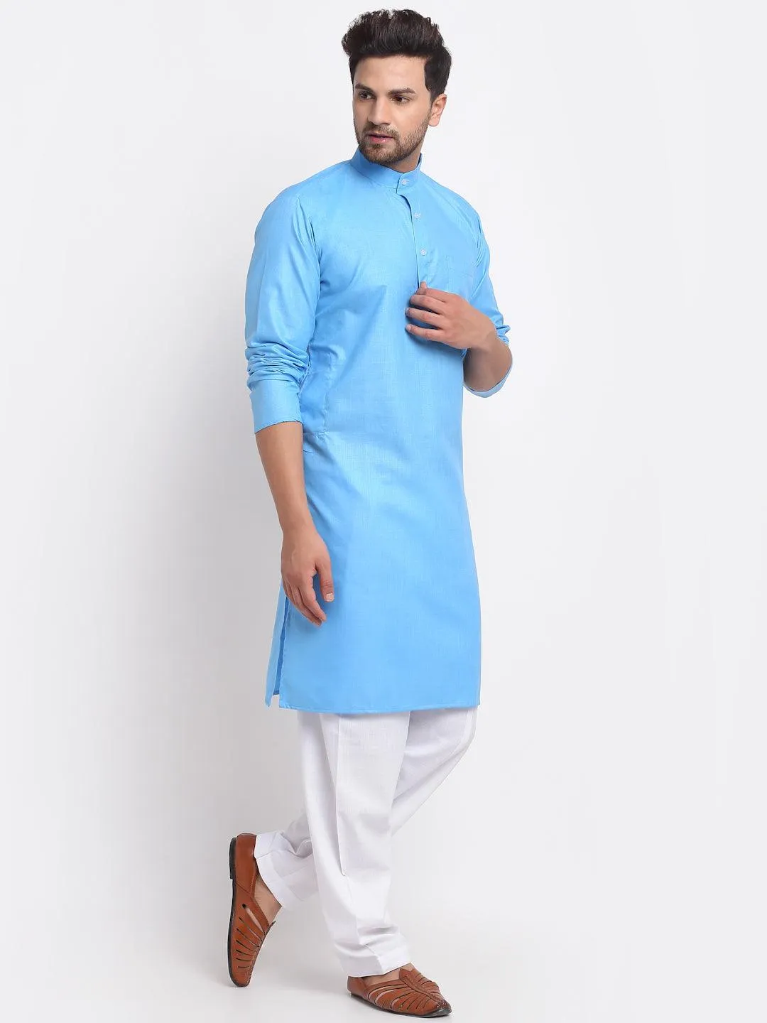 Men's Aqua Blue Solid Kurta With White Salwar - Benstoke