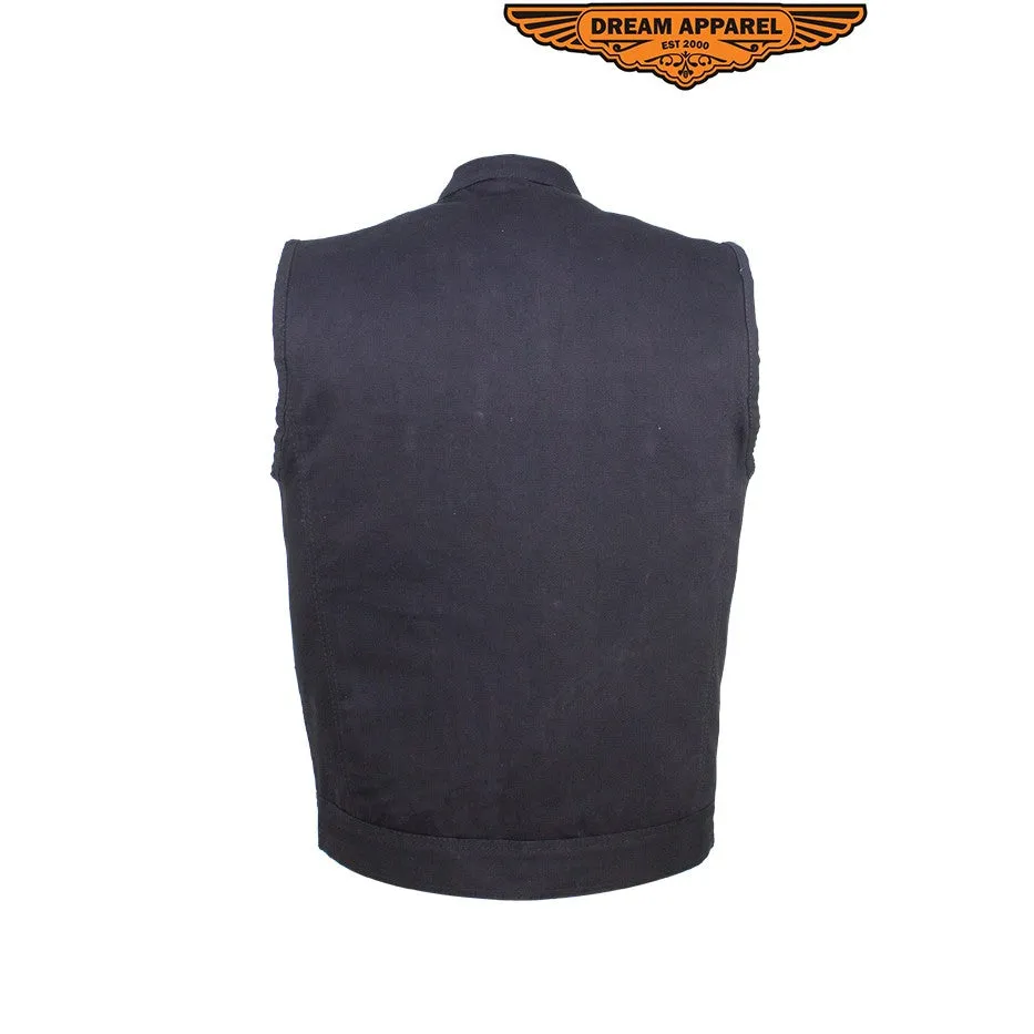 Mens Black Denim Motorcycle Vest With Zipper & Button Snap Front Closure