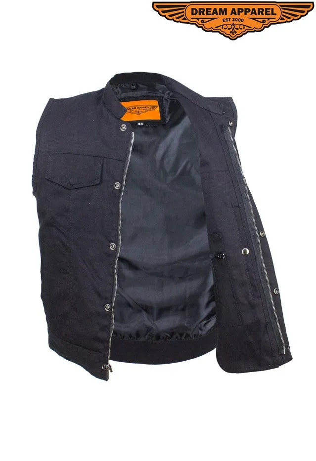 Mens Black Denim Motorcycle Vest With Zipper & Button Snap Front Closure