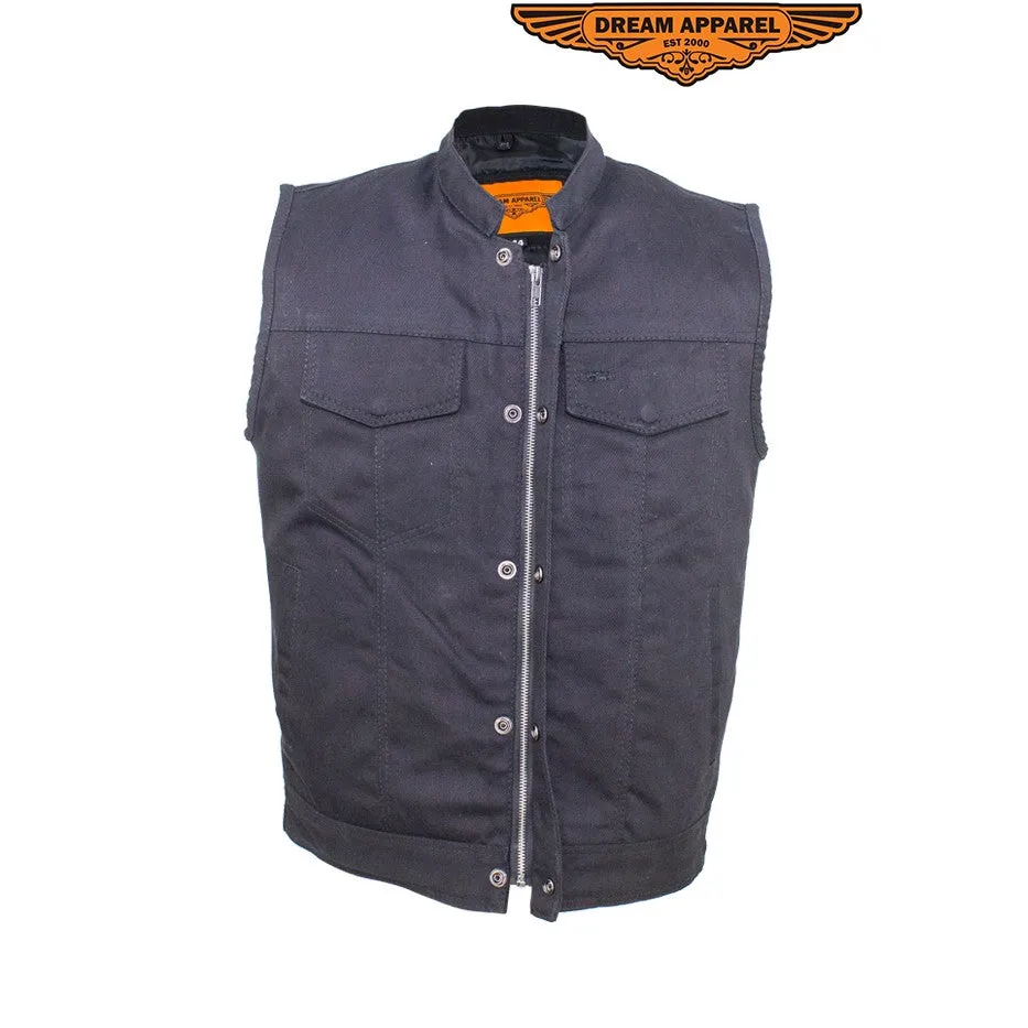 Mens Black Denim Motorcycle Vest With Zipper & Button Snap Front Closure