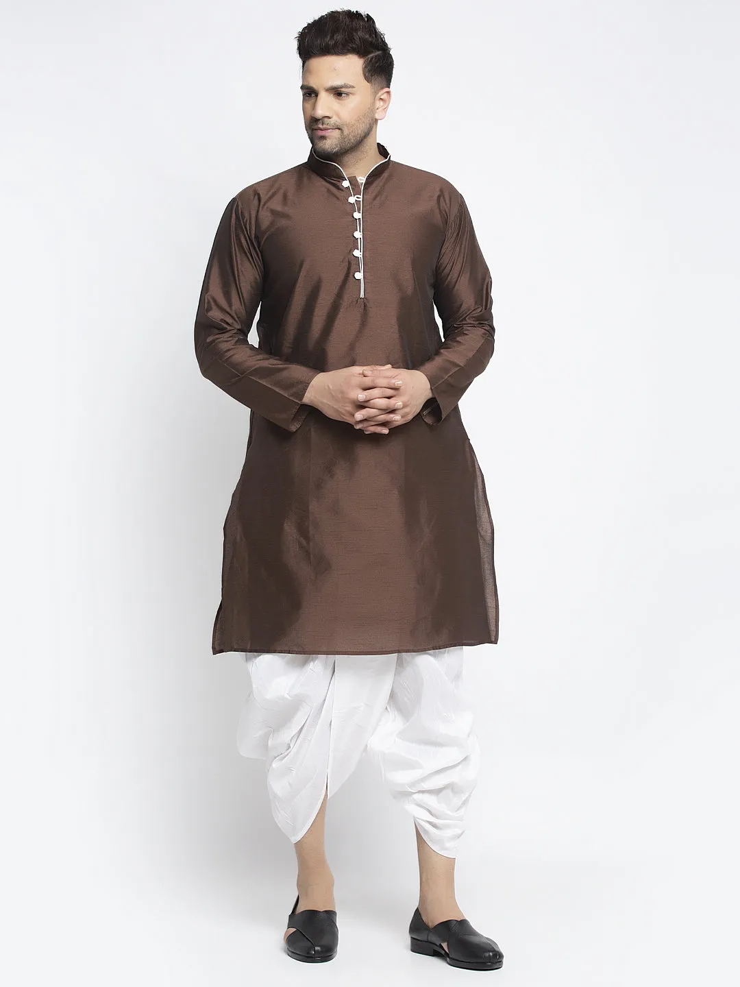 Men's Brown Solid Kurta With White Dhoti Pant - Benstoke