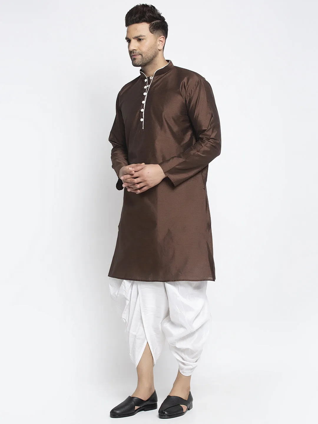 Men's Brown Solid Kurta With White Dhoti Pant - Benstoke