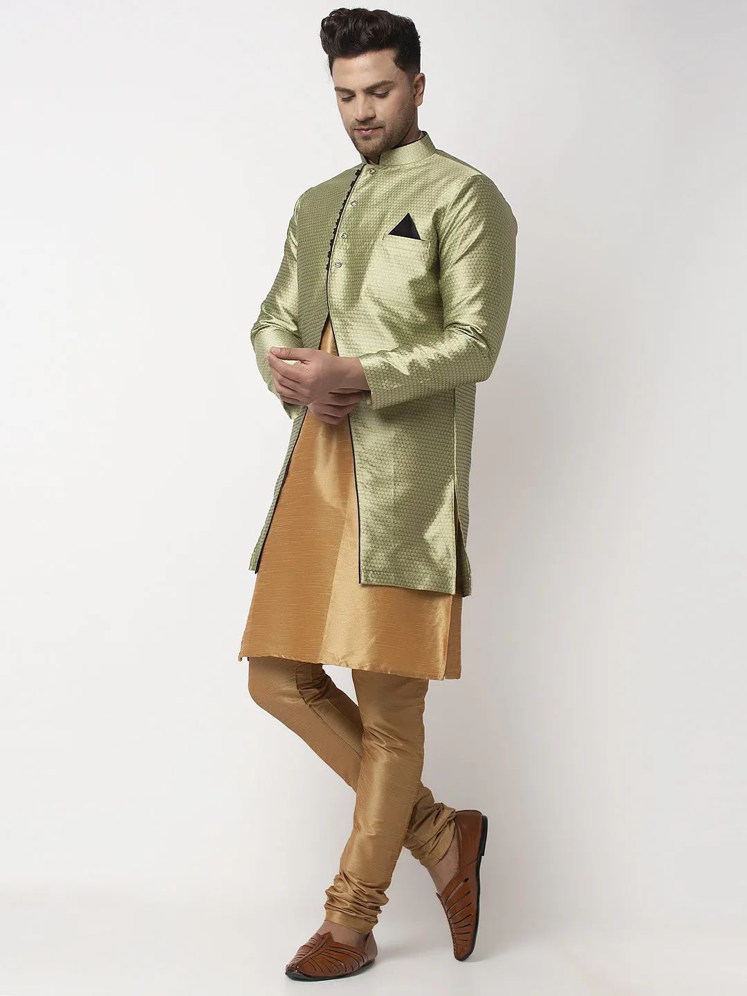 Men's Copper Kurta With Pyjama & Beige Self Design Jacket - Benstoke