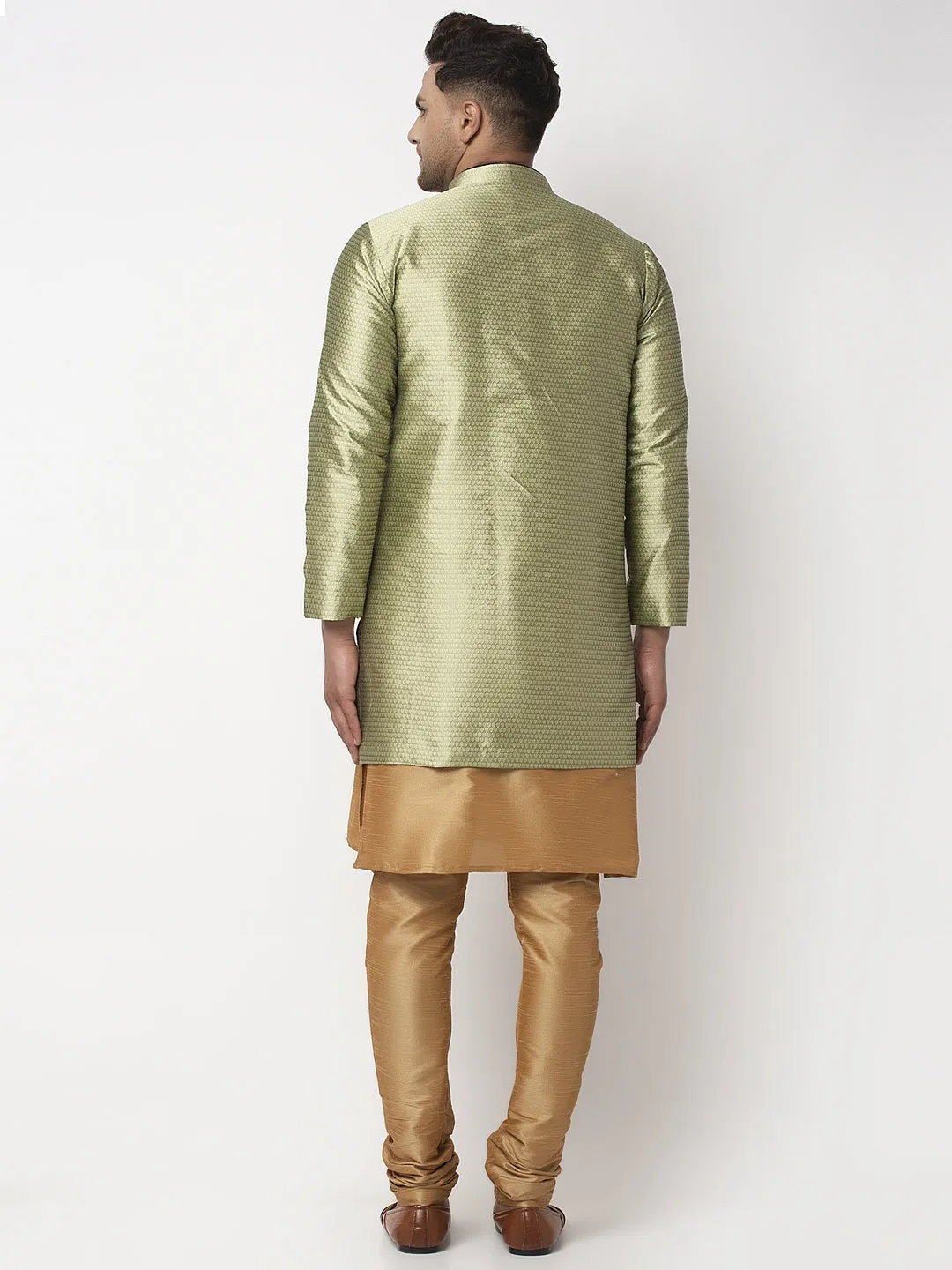 Men's Copper Kurta With Pyjama & Beige Self Design Jacket - Benstoke