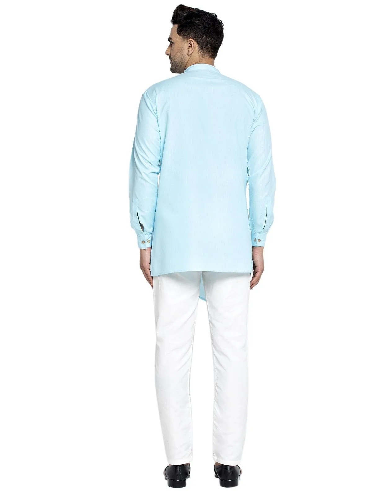 Men's Cotton Sky Blue Asymmetric Solid Kurta With White Trousers - Benstoke