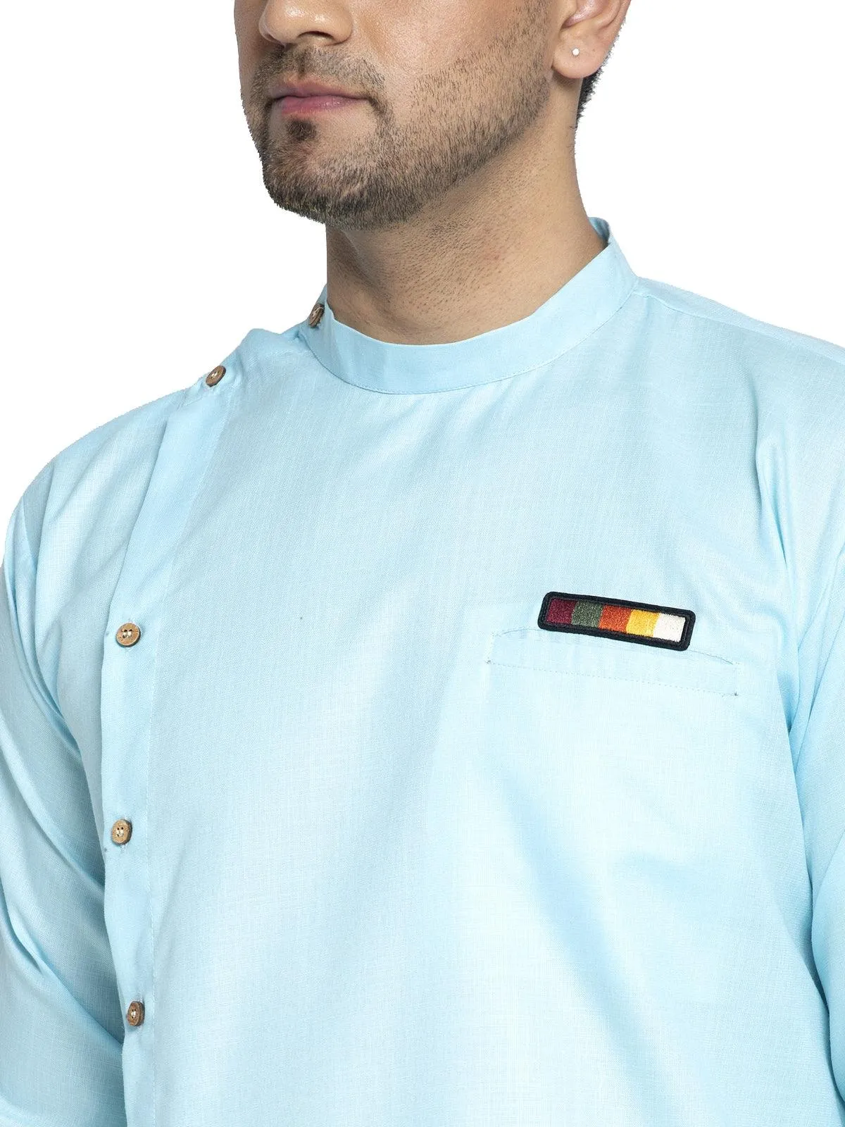 Men's Cotton Sky Blue Asymmetric Solid Kurta With White Trousers - Benstoke