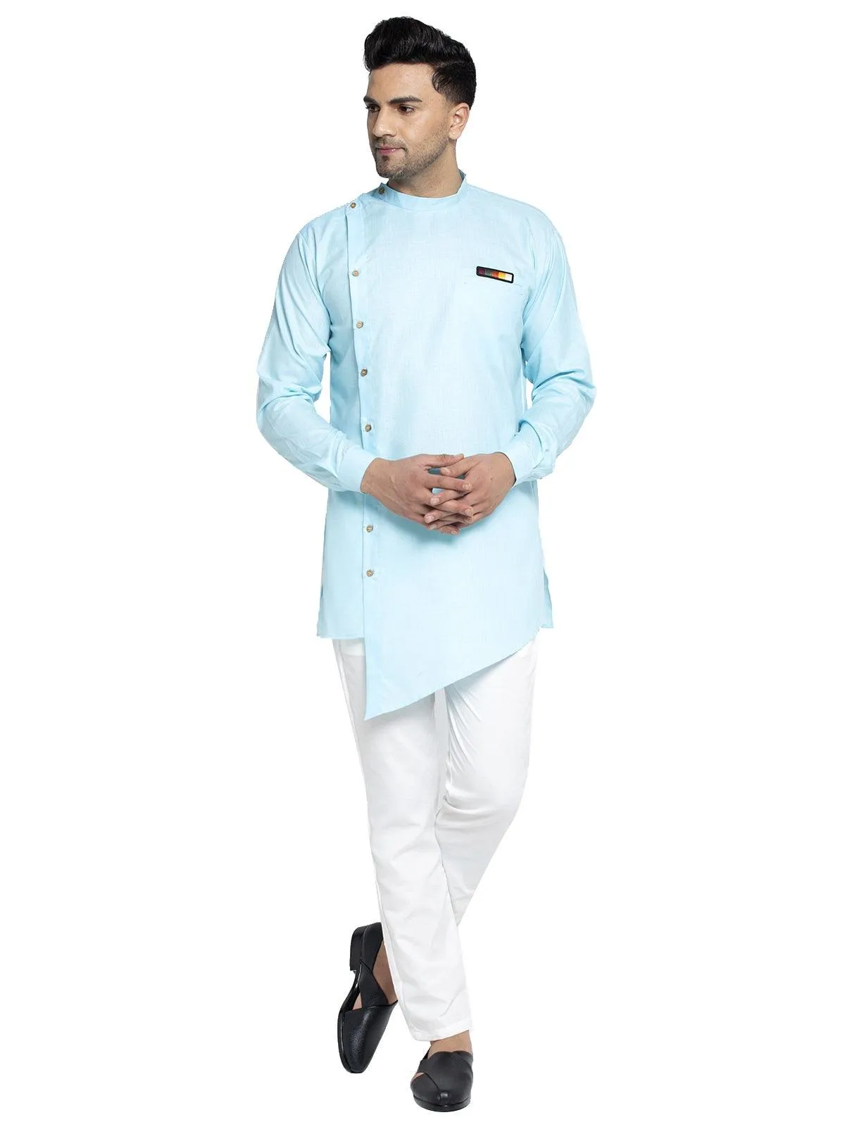 Men's Cotton Sky Blue Asymmetric Solid Kurta With White Trousers - Benstoke