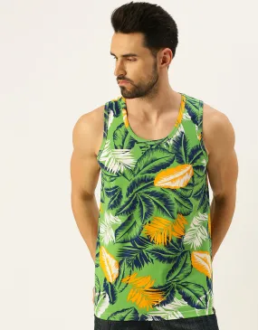 Men's Green Round Neck Printed Men's Vest