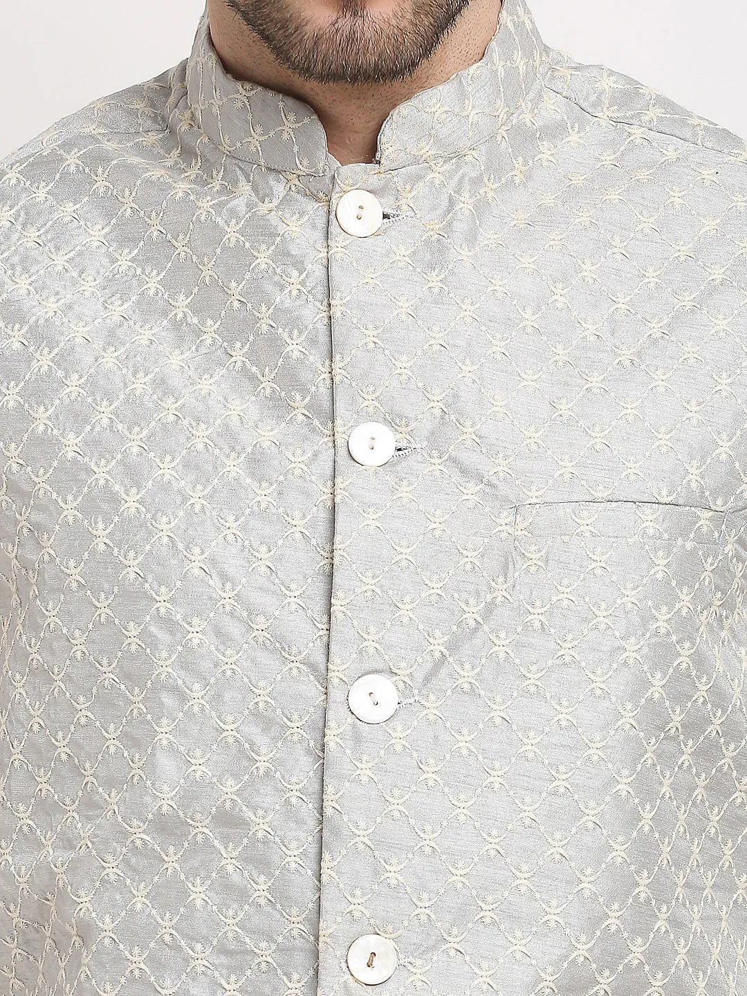 Men'S Grey Grey And White Embroidered Nehru Jacket