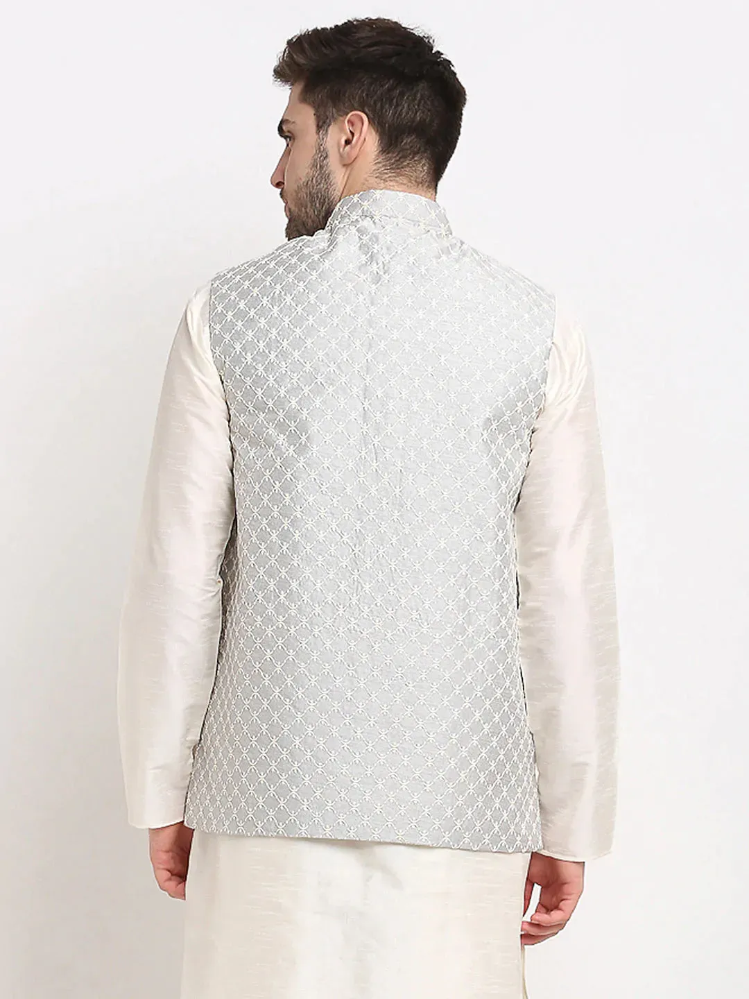 Men'S Grey Grey And White Embroidered Nehru Jacket