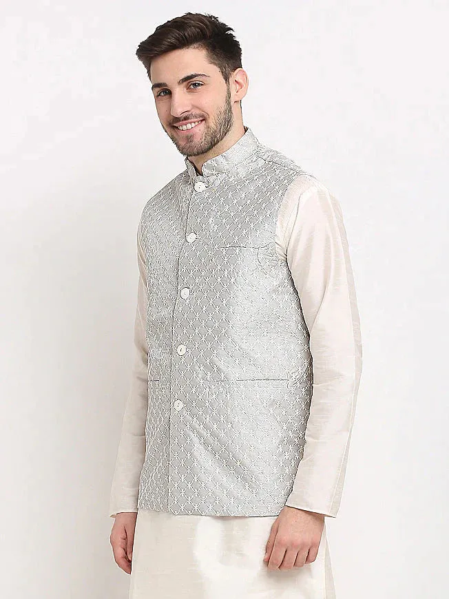 Men'S Grey Grey And White Embroidered Nehru Jacket