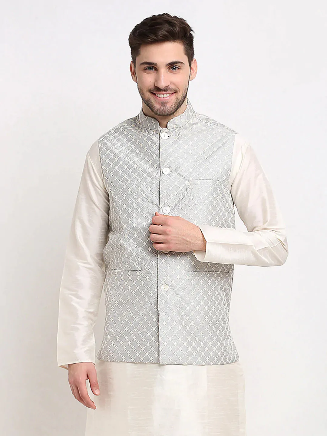 Men'S Grey Grey And White Embroidered Nehru Jacket