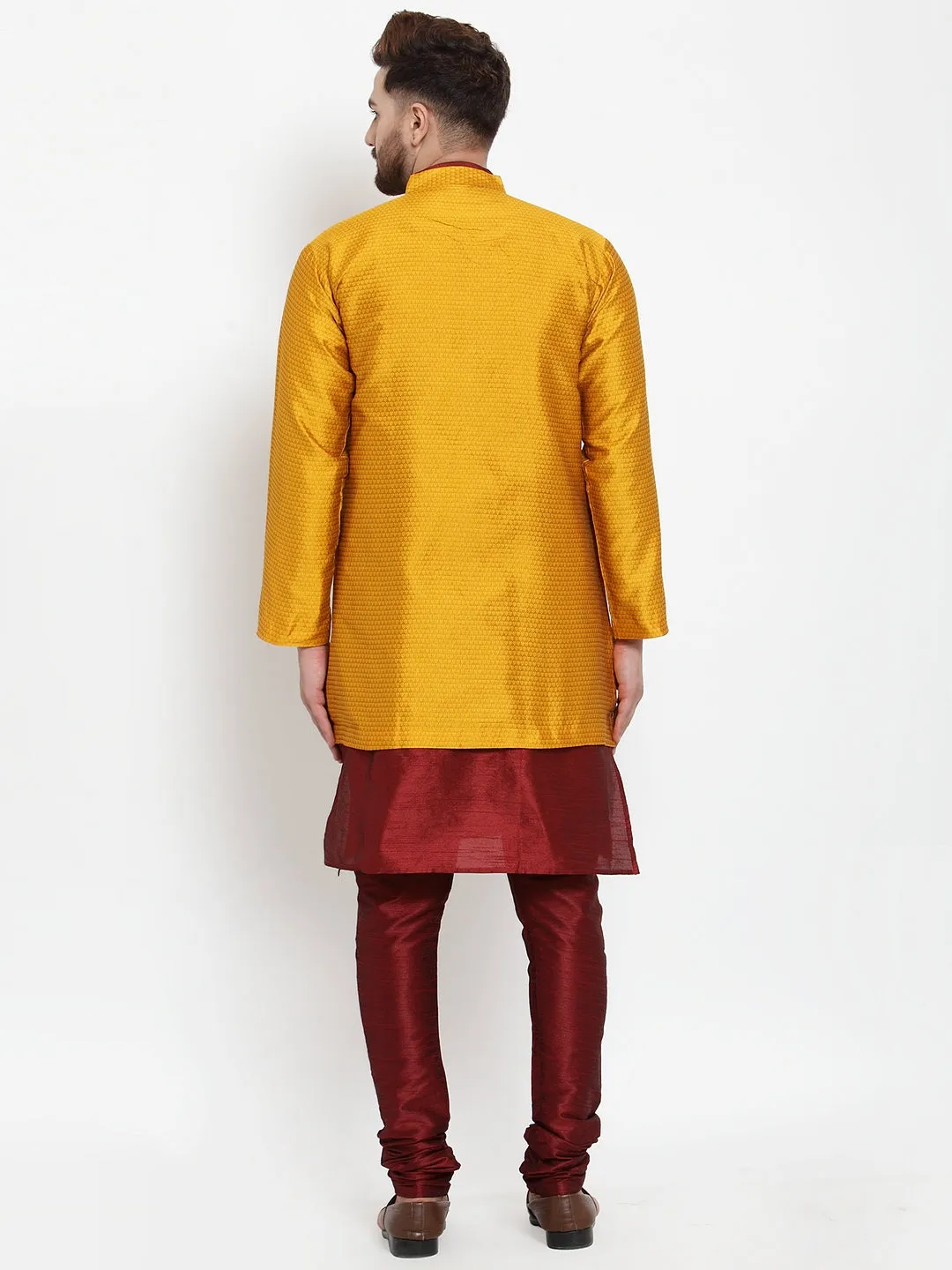 Men's Maroon Kurta With Pyjama & Mustard Self Design Jacket - Benstoke