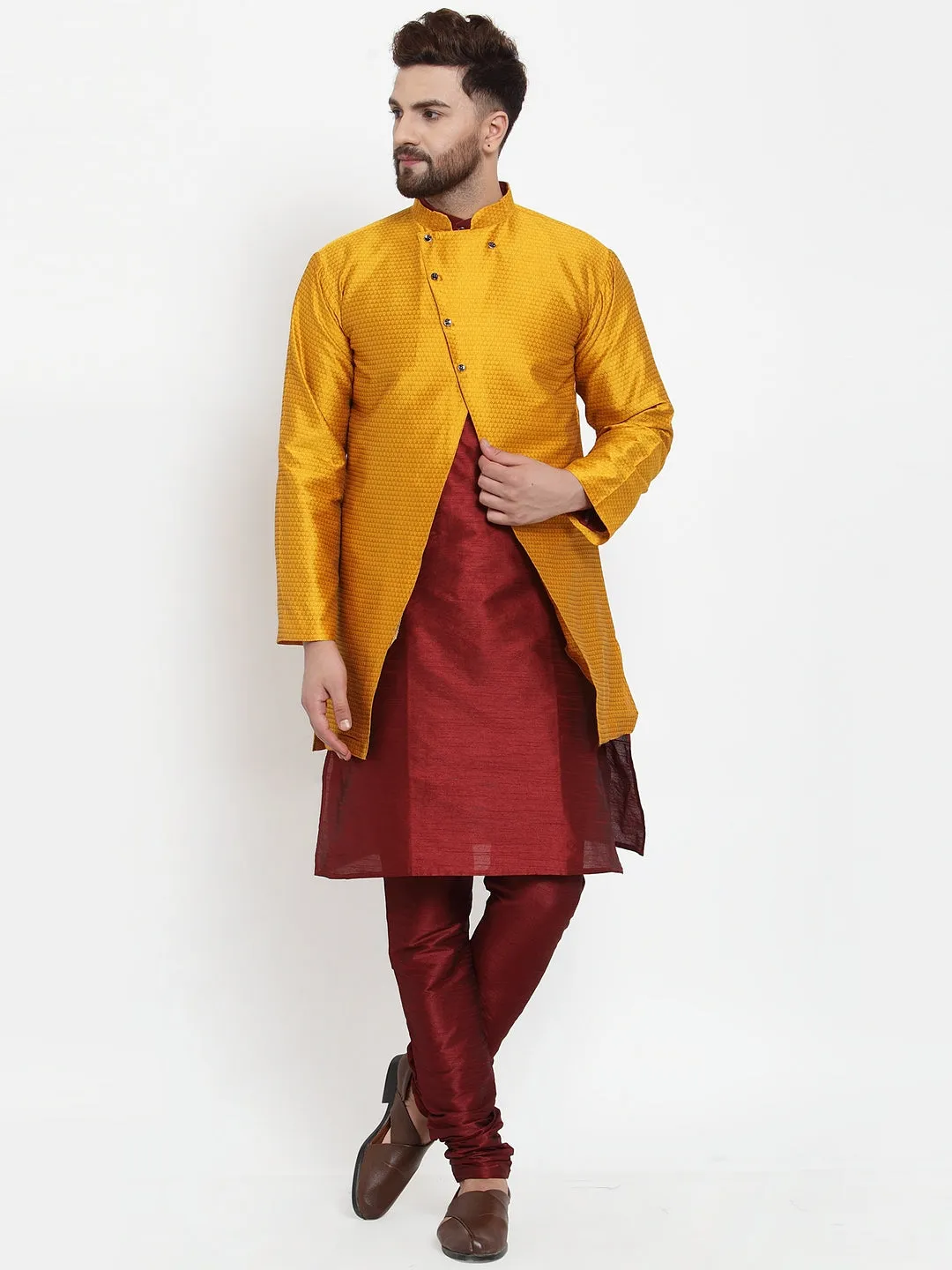 Men's Maroon Kurta With Pyjama & Mustard Self Design Jacket - Benstoke