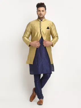 Men's Navy Blue Kurta With Pyjama & Gold Self Design Jacket - Benstoke