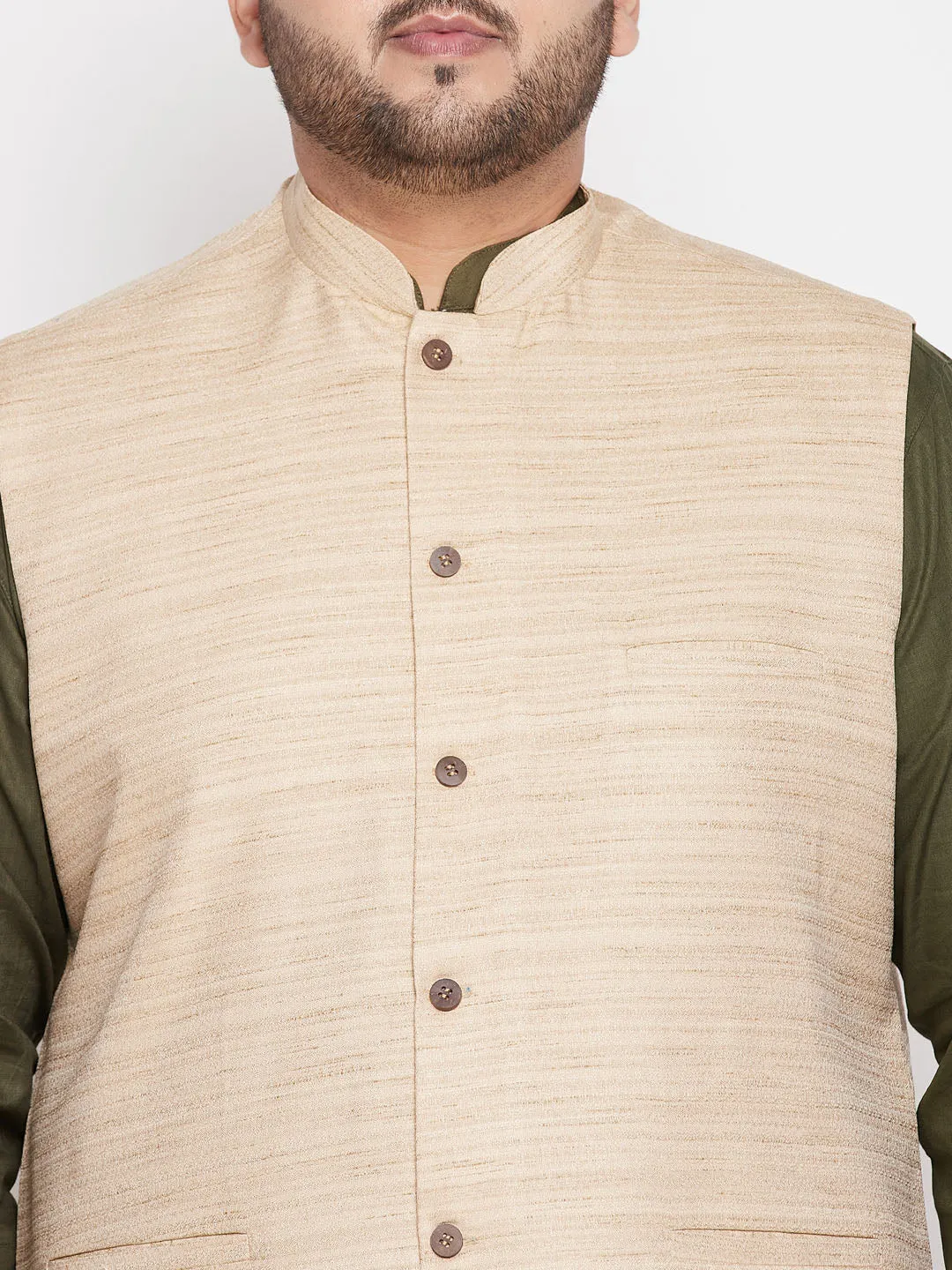 Men's Plus Mehendi, Beige And White Cotton Blend Jacket Kurta Pyjama Set - Vastramay