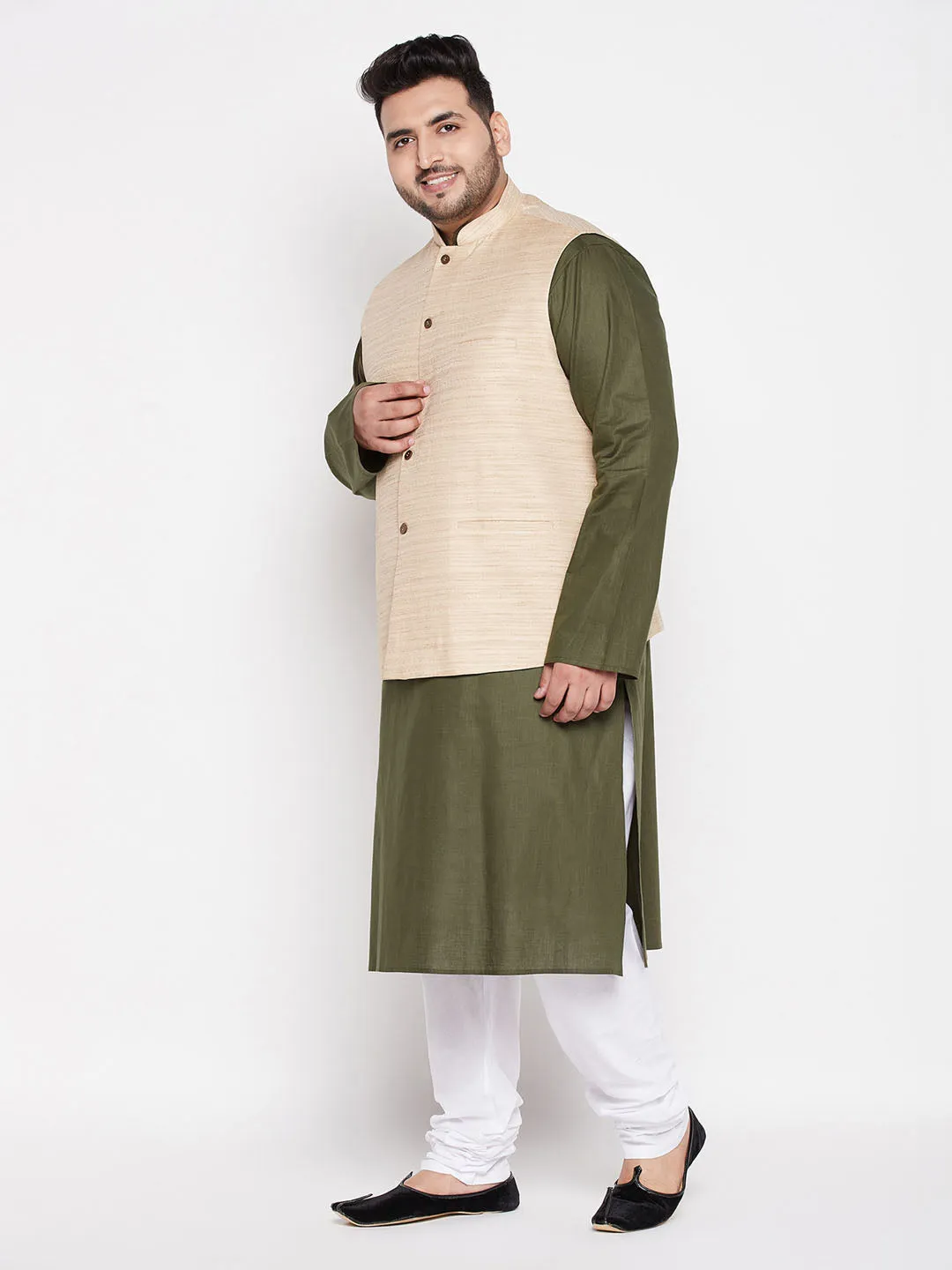 Men's Plus Mehendi, Beige And White Cotton Blend Jacket Kurta Pyjama Set - Vastramay