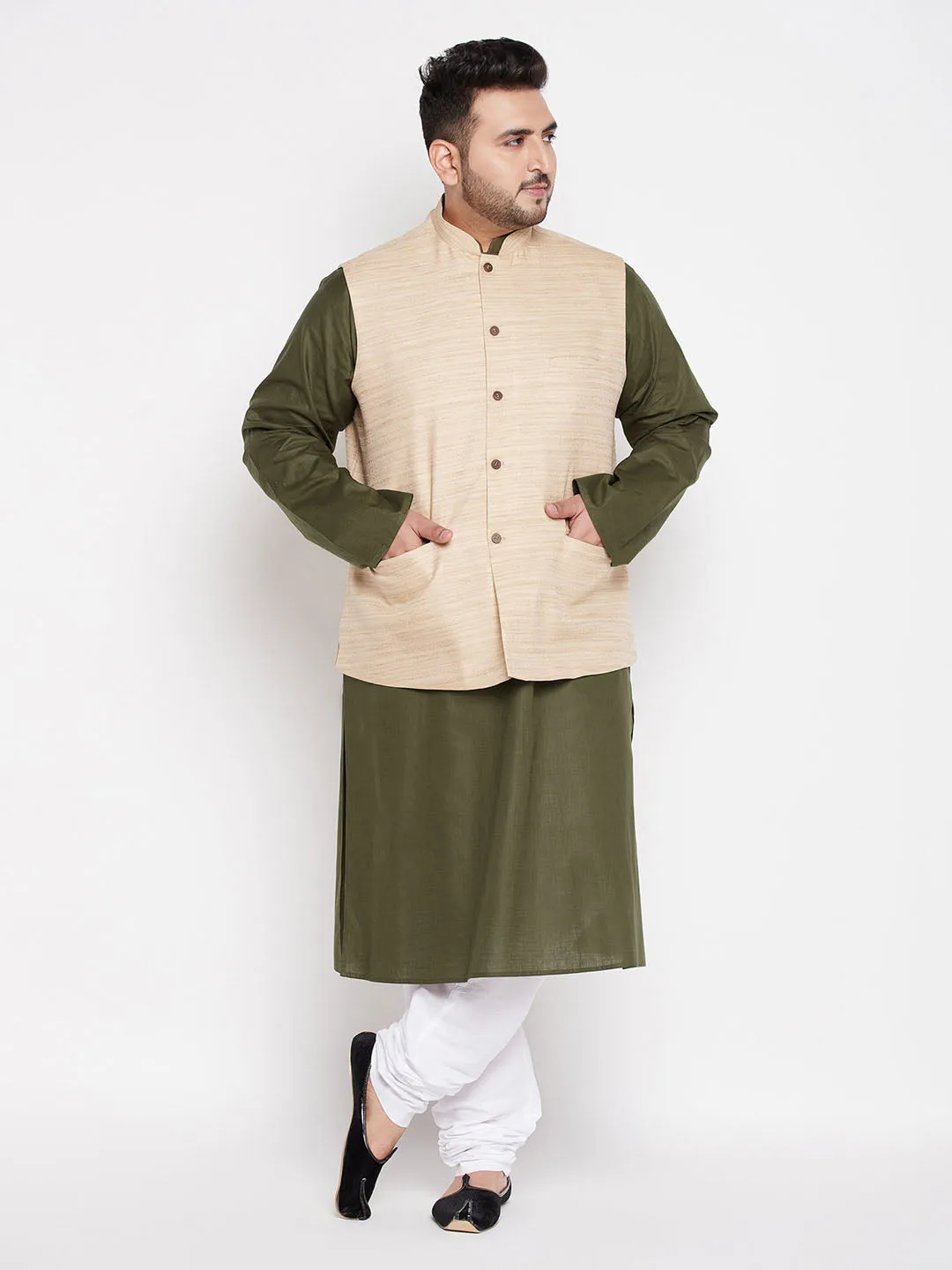 Men's Plus Mehendi, Beige And White Cotton Blend Jacket Kurta Pyjama Set - Vastramay