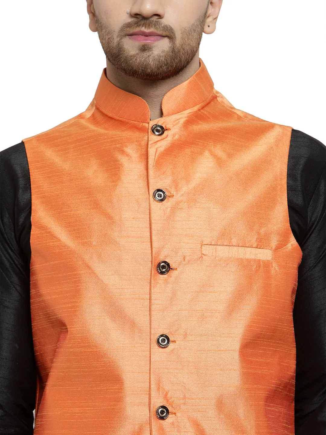 Men's Silk Blend Black Kurta With Pyjama & Orange Nehru Jacket - Benstoke