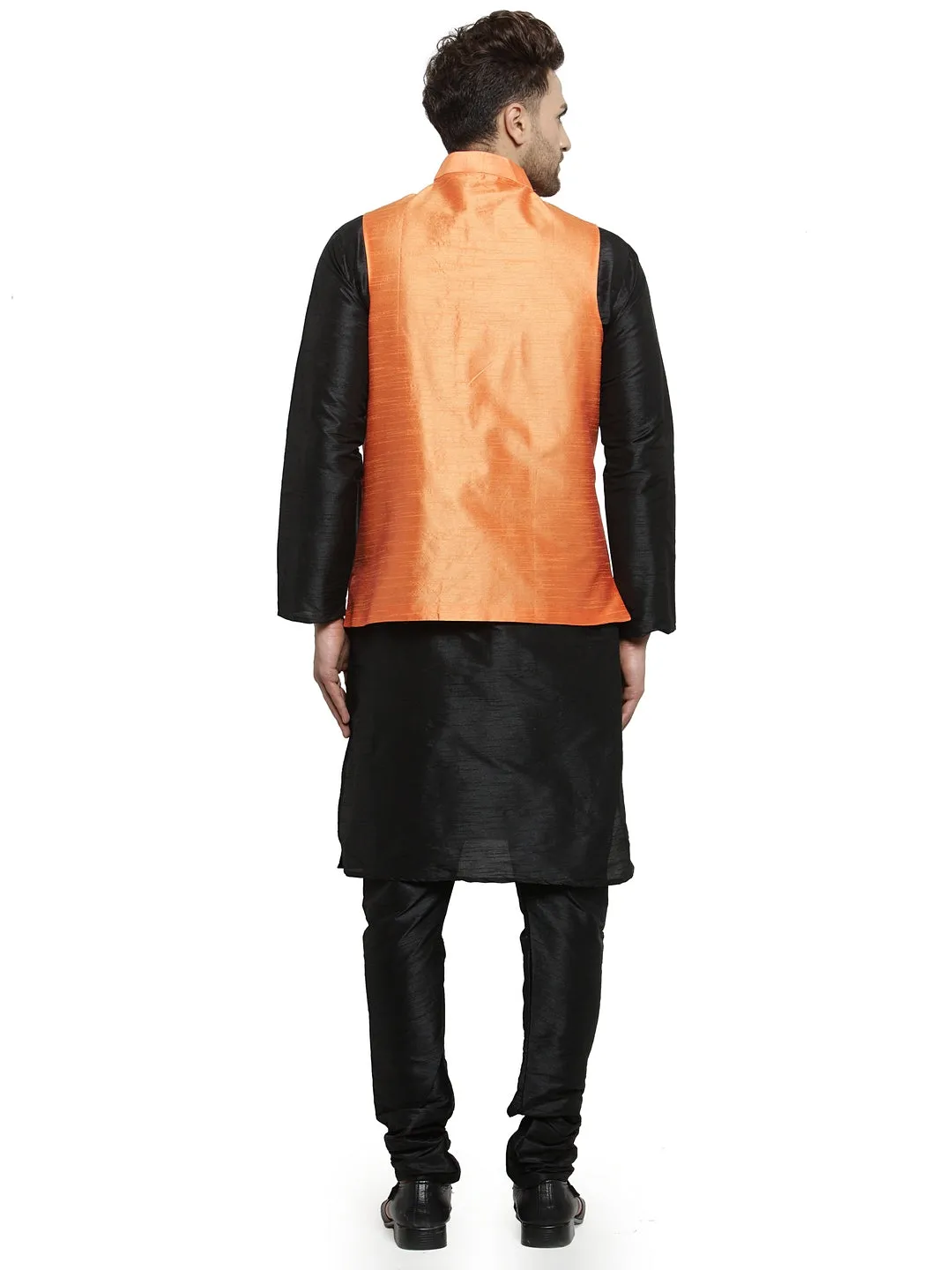 Men's Silk Blend Black Kurta With Pyjama & Orange Nehru Jacket - Benstoke