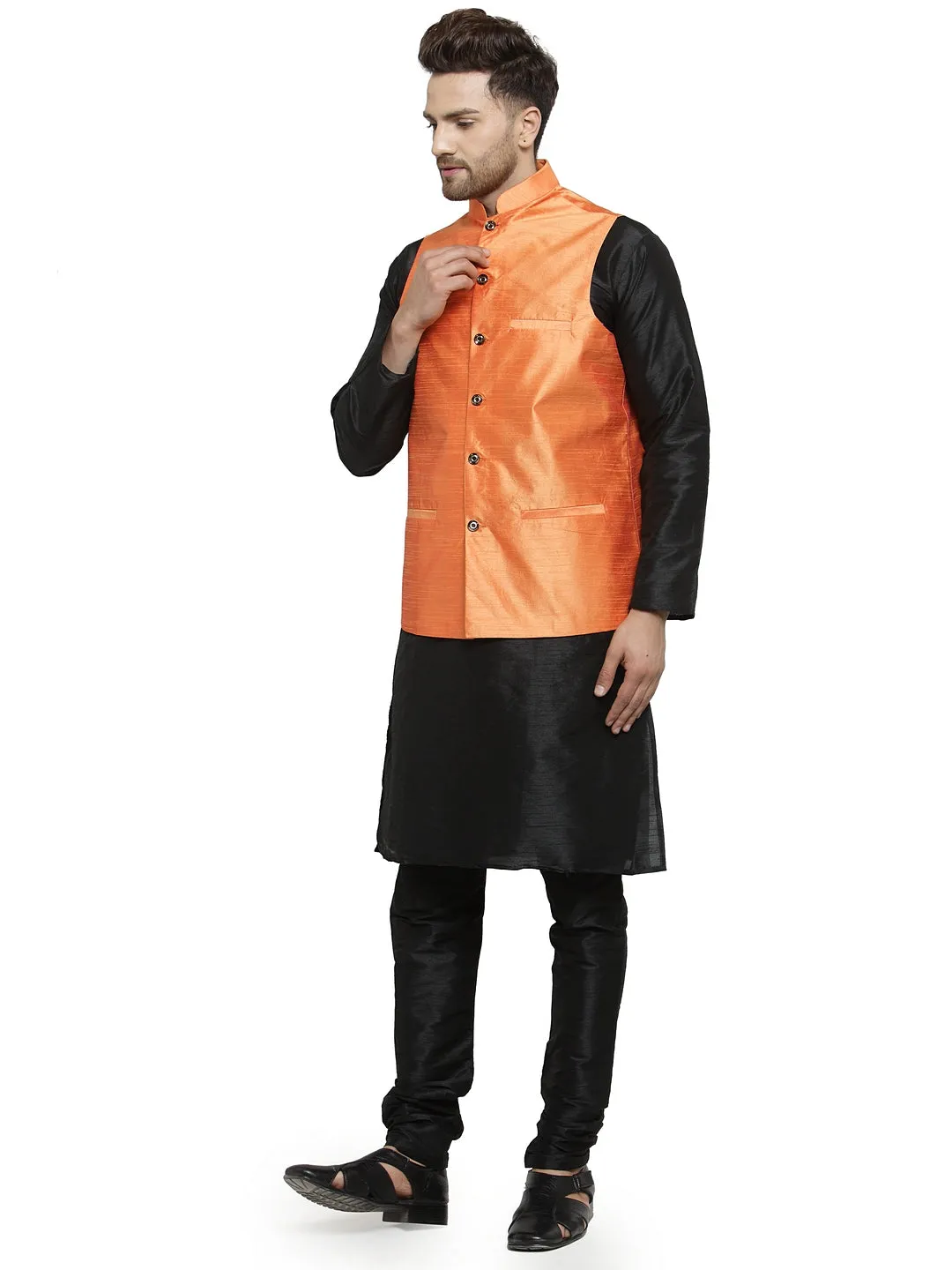 Men's Silk Blend Black Kurta With Pyjama & Orange Nehru Jacket - Benstoke