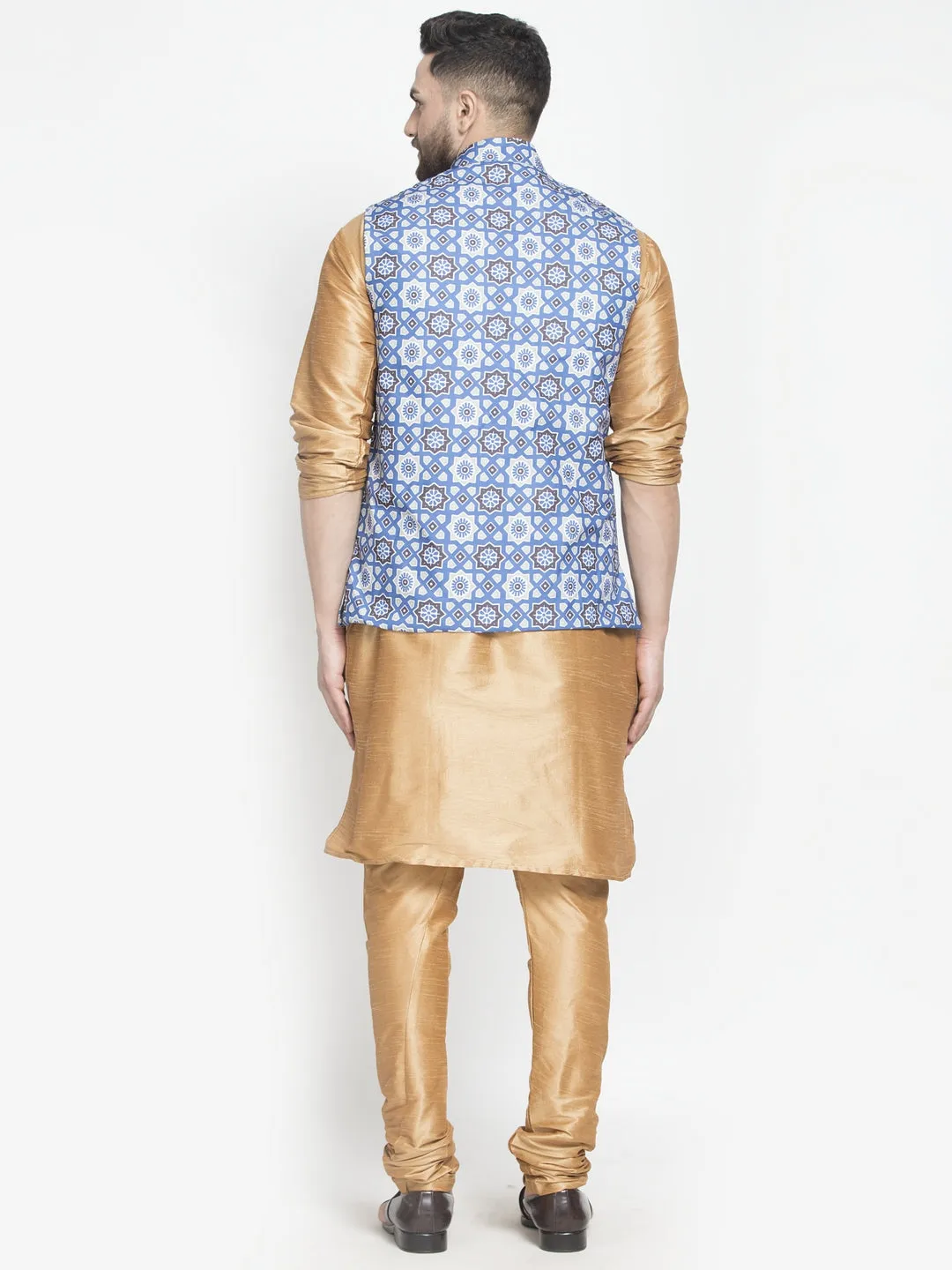 Men's Silk Blend Copper Kurta With Pyjama & Indigo Blue Printed Nehru Jacket - Benstoke