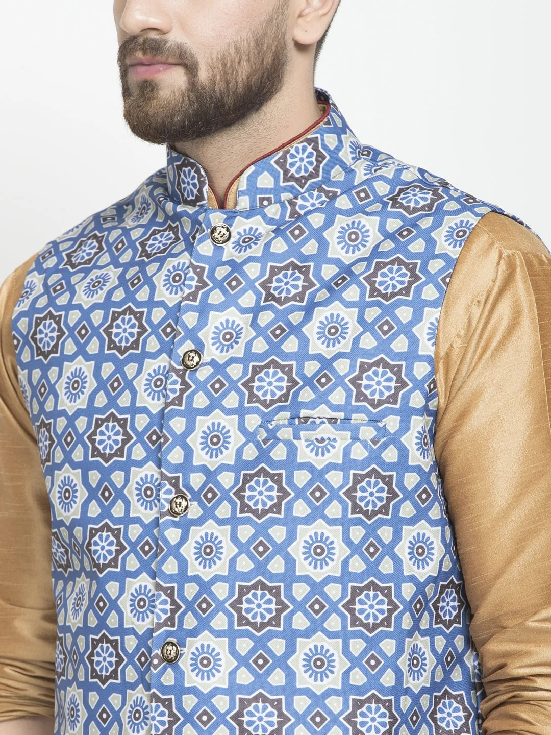 Men's Silk Blend Copper Kurta With Pyjama & Indigo Blue Printed Nehru Jacket - Benstoke