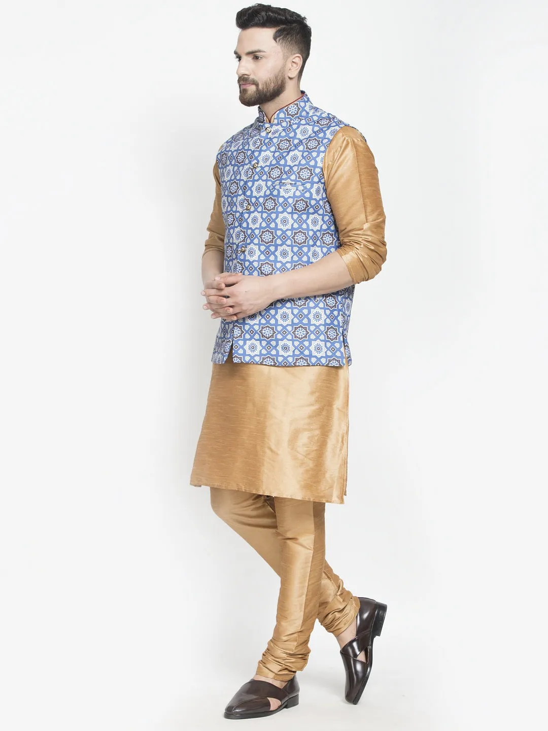 Men's Silk Blend Copper Kurta With Pyjama & Indigo Blue Printed Nehru Jacket - Benstoke