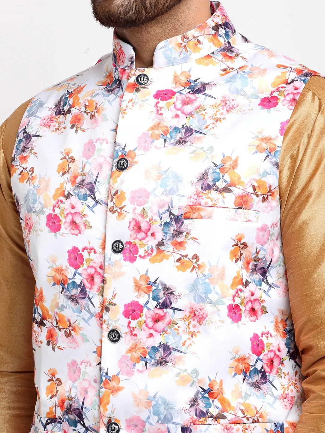 Men's Silk Blend Copper Kurta With Pyjama & White Printed Nehru Jacket - Benstoke