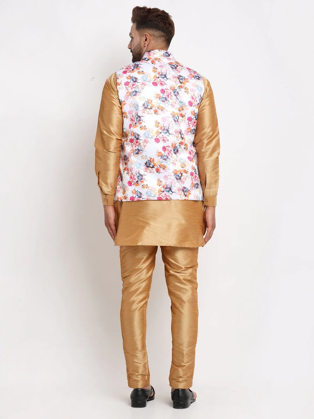 Men's Silk Blend Copper Kurta With Pyjama & White Printed Nehru Jacket - Benstoke