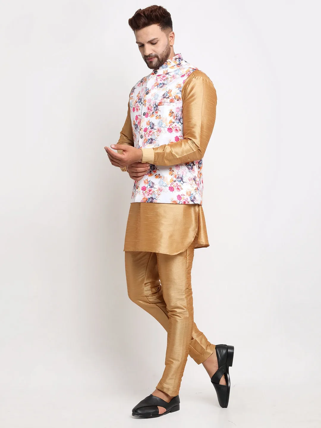 Men's Silk Blend Copper Kurta With Pyjama & White Printed Nehru Jacket - Benstoke