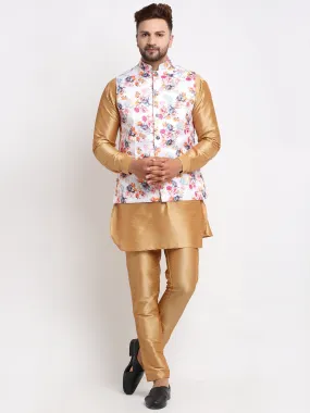 Men's Silk Blend Copper Kurta With Pyjama & White Printed Nehru Jacket - Benstoke