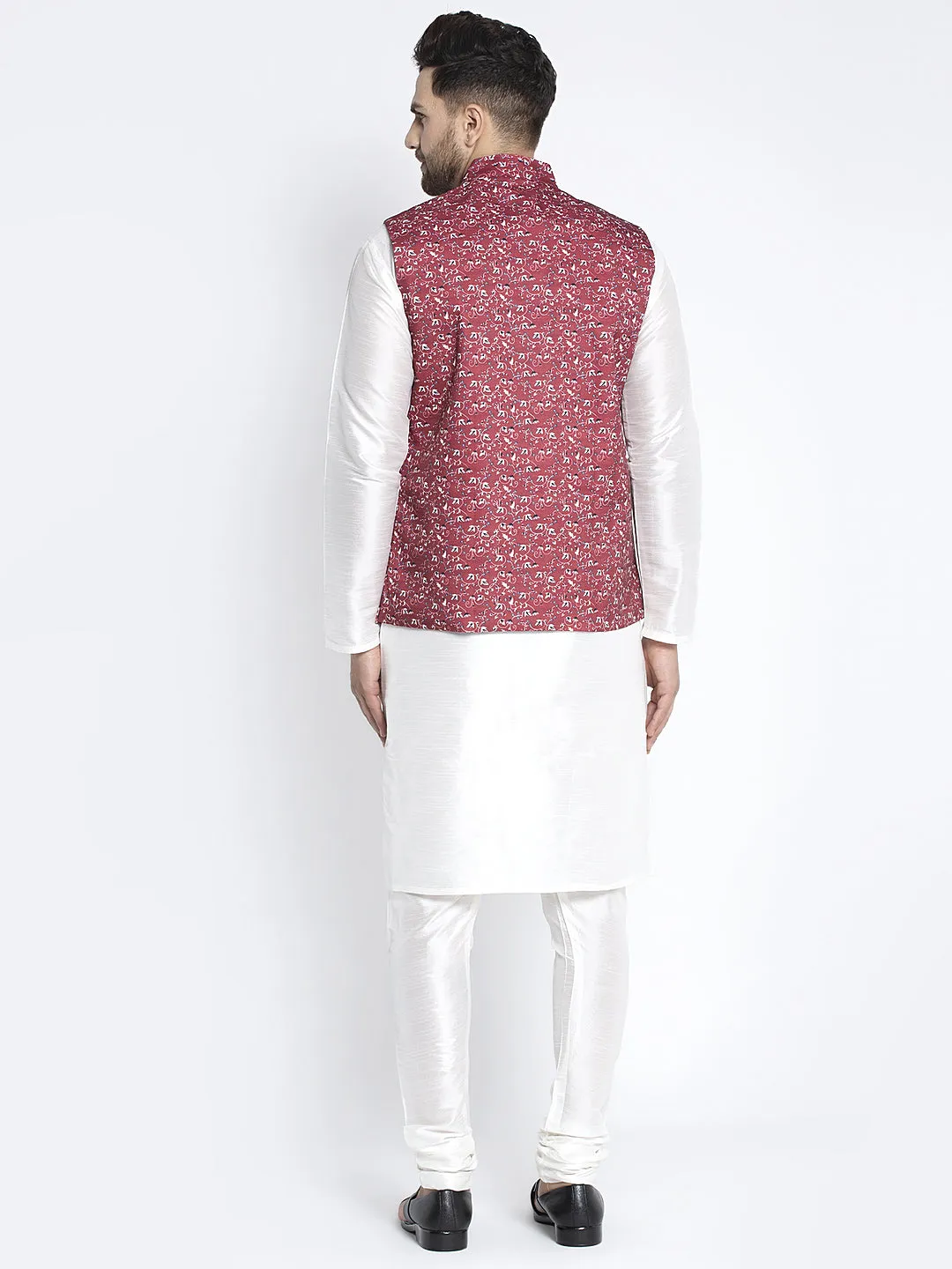 Men's Silk Blend White Kurta With Pyjama & Maroon Printed Nehru Jacket - Benstoke