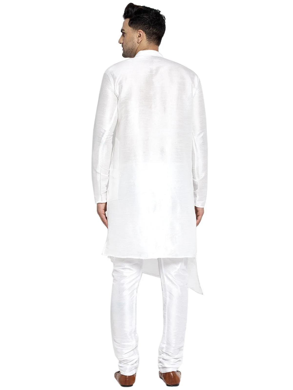 Men's White Solid Asymmetric Kurta With Churidaar Pyjama - Benstoke