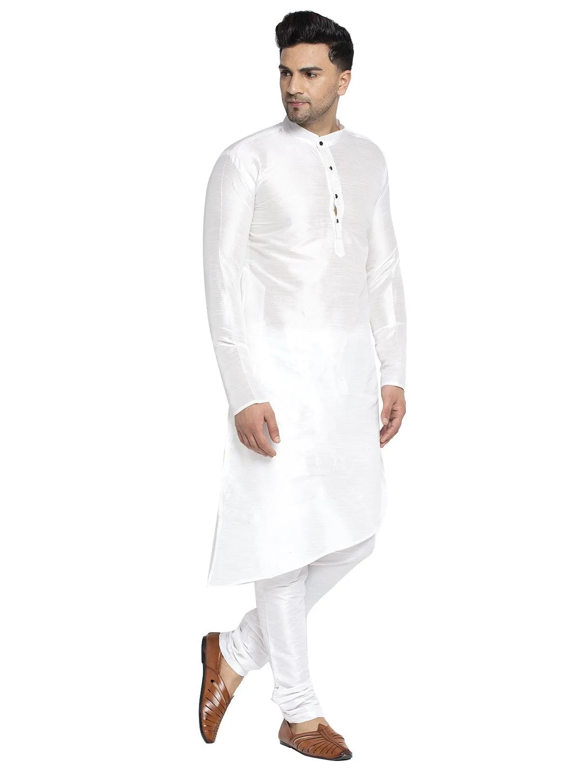 Men's White Solid Asymmetric Kurta With Churidaar Pyjama - Benstoke